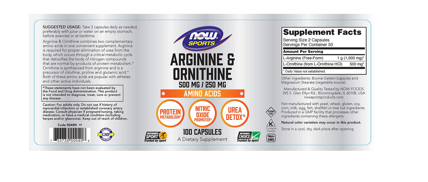 NOW Foods Arginine Ornithine Capsules, 100 Count