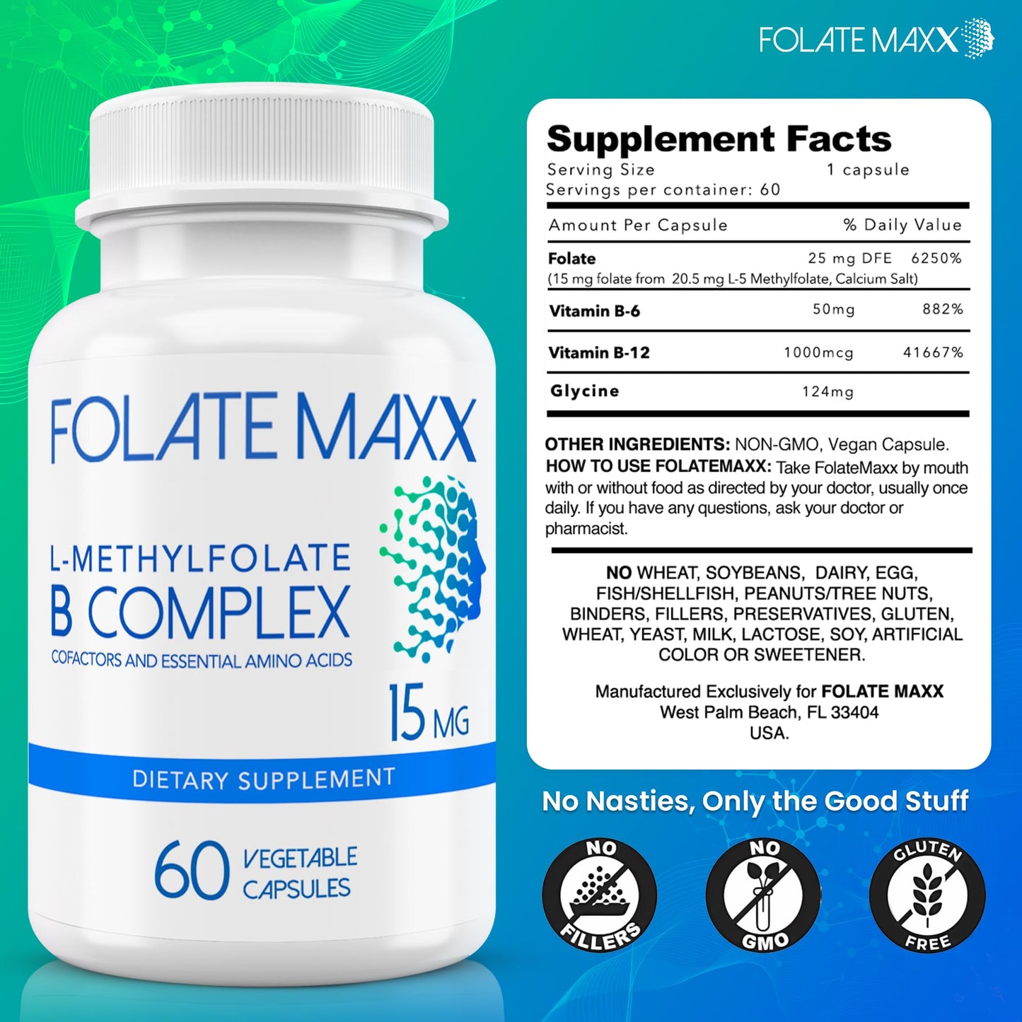 FOLATE MAXX L Methylfolate 15mg with Active Vitamin B Complex 60 Capsules