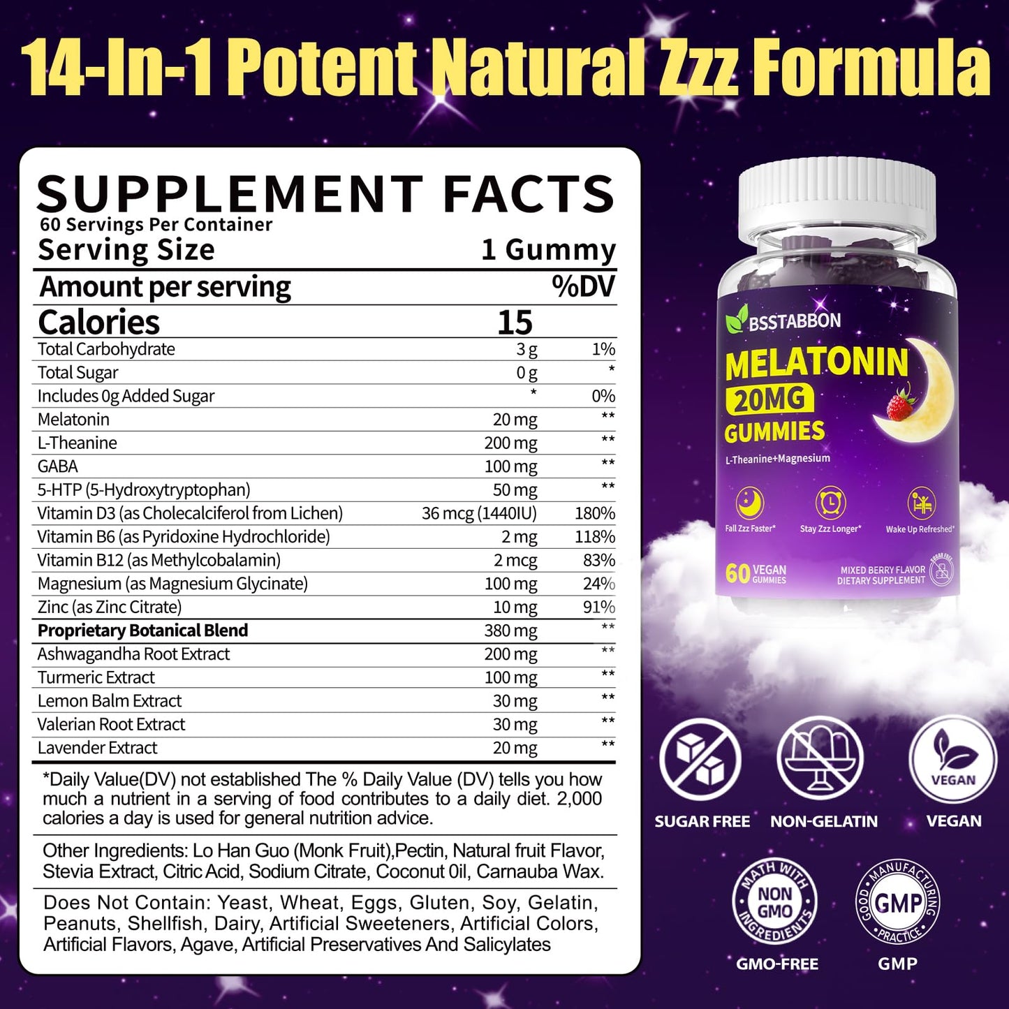 BSSTABBON Natural Melatonin 20mg Gummies, 120 Count