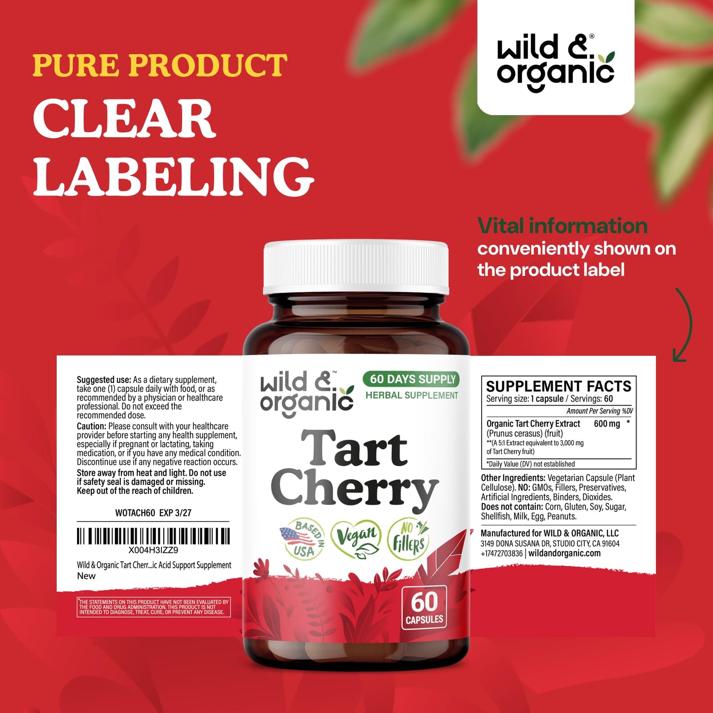 Wild & Organic Tart Cherry Capsules 600 mg, 60 Capsules