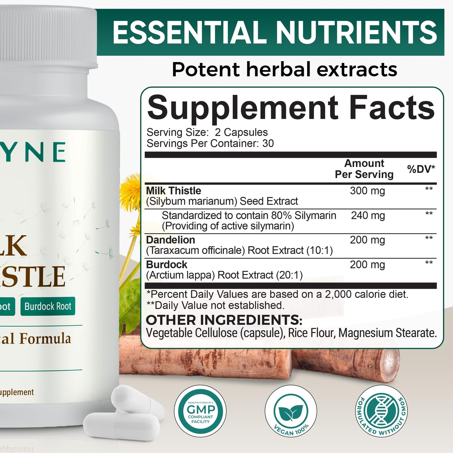 VEYNE Milk Thistle Supplement 80% Silymarin (240mg Active) with Dandelion Root Extract 10:1 & Burdock Root 20:1 – Liver Support – 60 Capsules