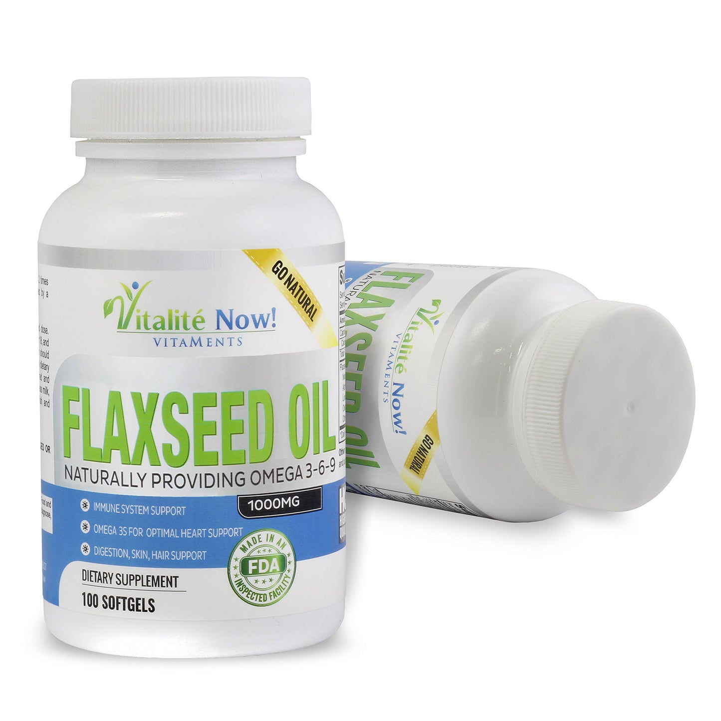 Vitalité Now! Organic Flaxseed Oil Capsules - 1000mg Premium, Virgin Cold Pressed from Flax Seeds - Hair Skin & Nails Support - Omega 3-6-9 Supplement - 100 Count