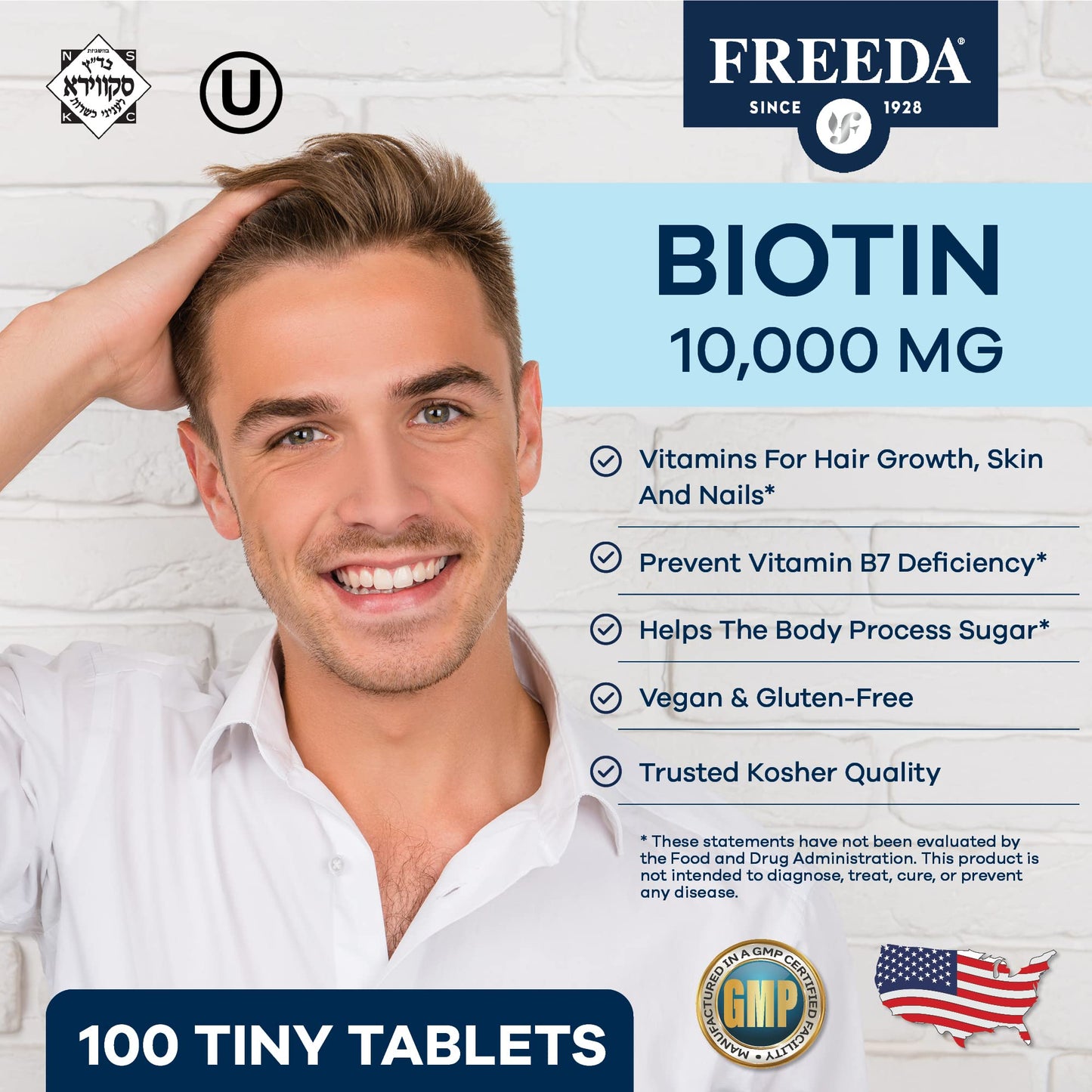 FREEDA Biotin 10,000 mcg Hair, Skin & Nails Supplement Tablets, 100 Count