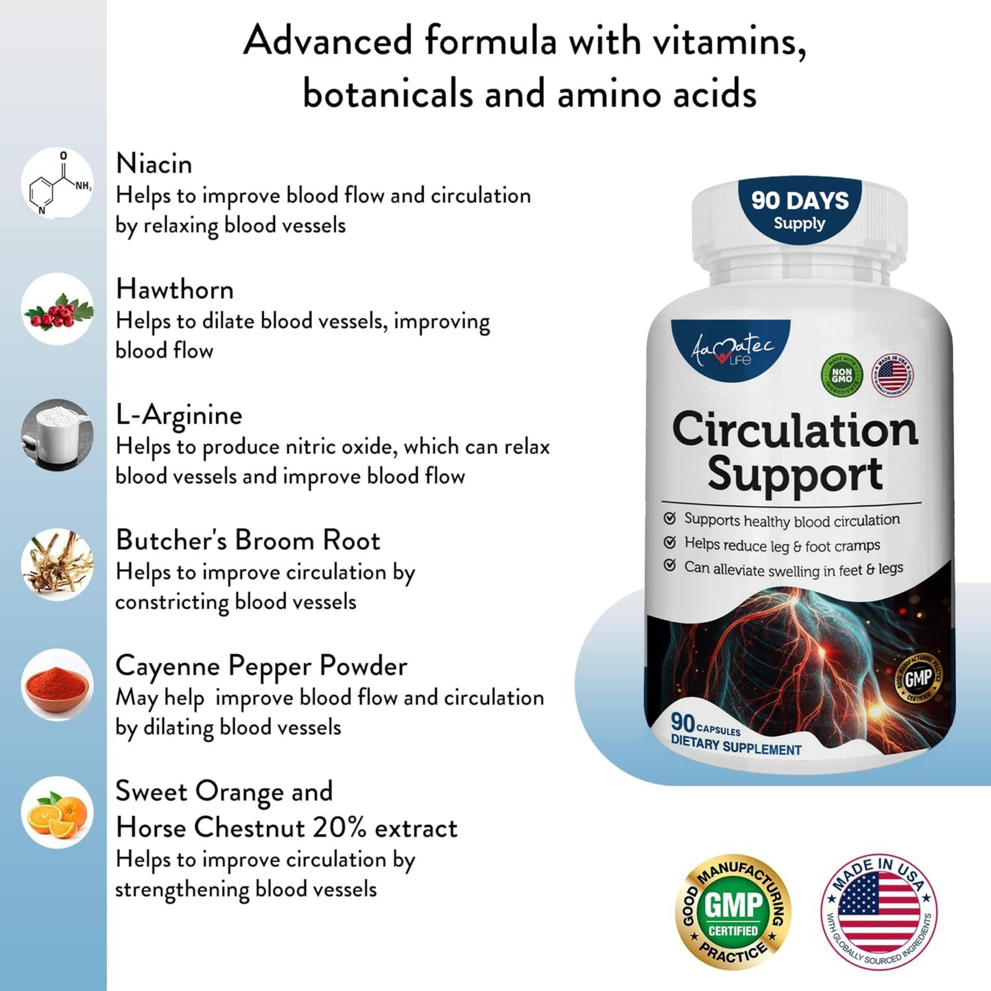 AAMATEC LIFE Blood Circulation Support Supplement for Arteries & Veins Health Capsules, 90 Count