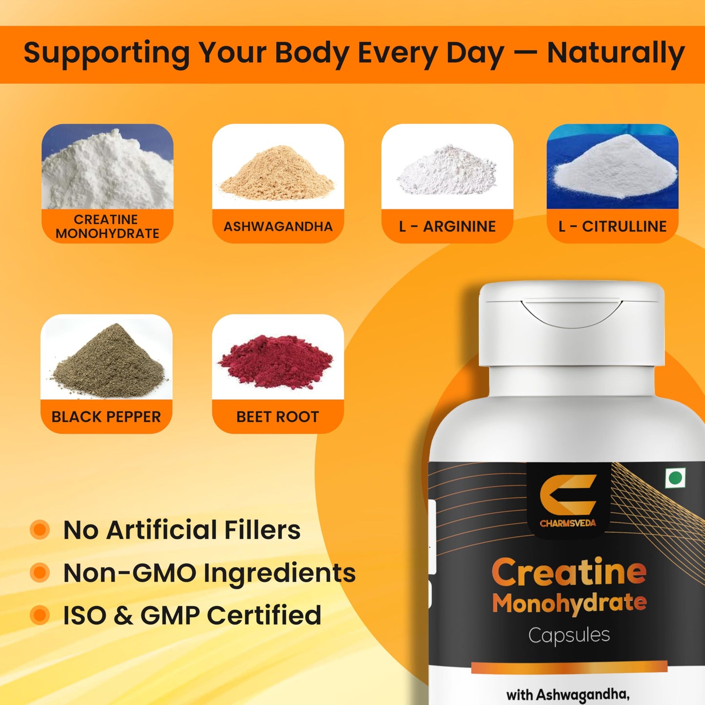 CHARMSVEDA Creatine Monohydrate with Ashwagandha, L-Arginine & L-Citrulline, 60 Capsules