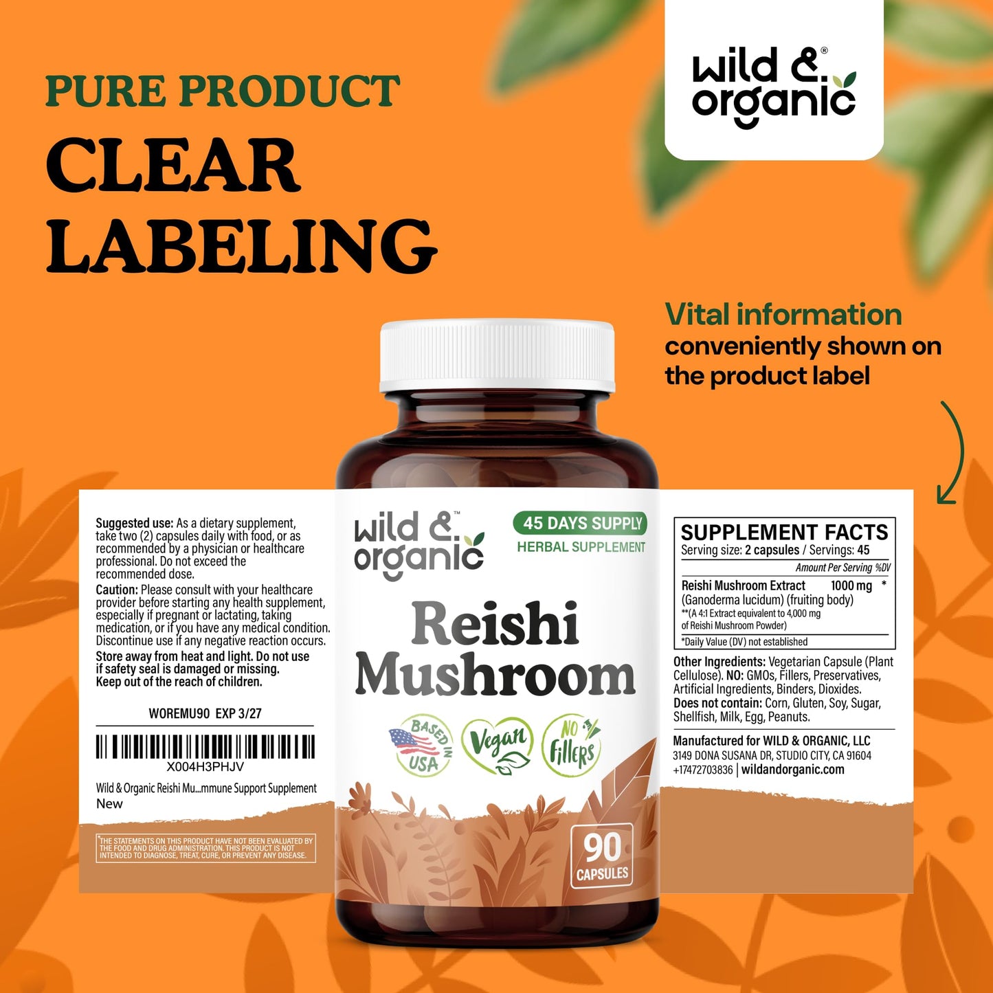Wild & Organic Reishi Mushroom Capsules 1000 mg Immune Support Ganoderma Lucidum Extract Supplement, 90 Capsules