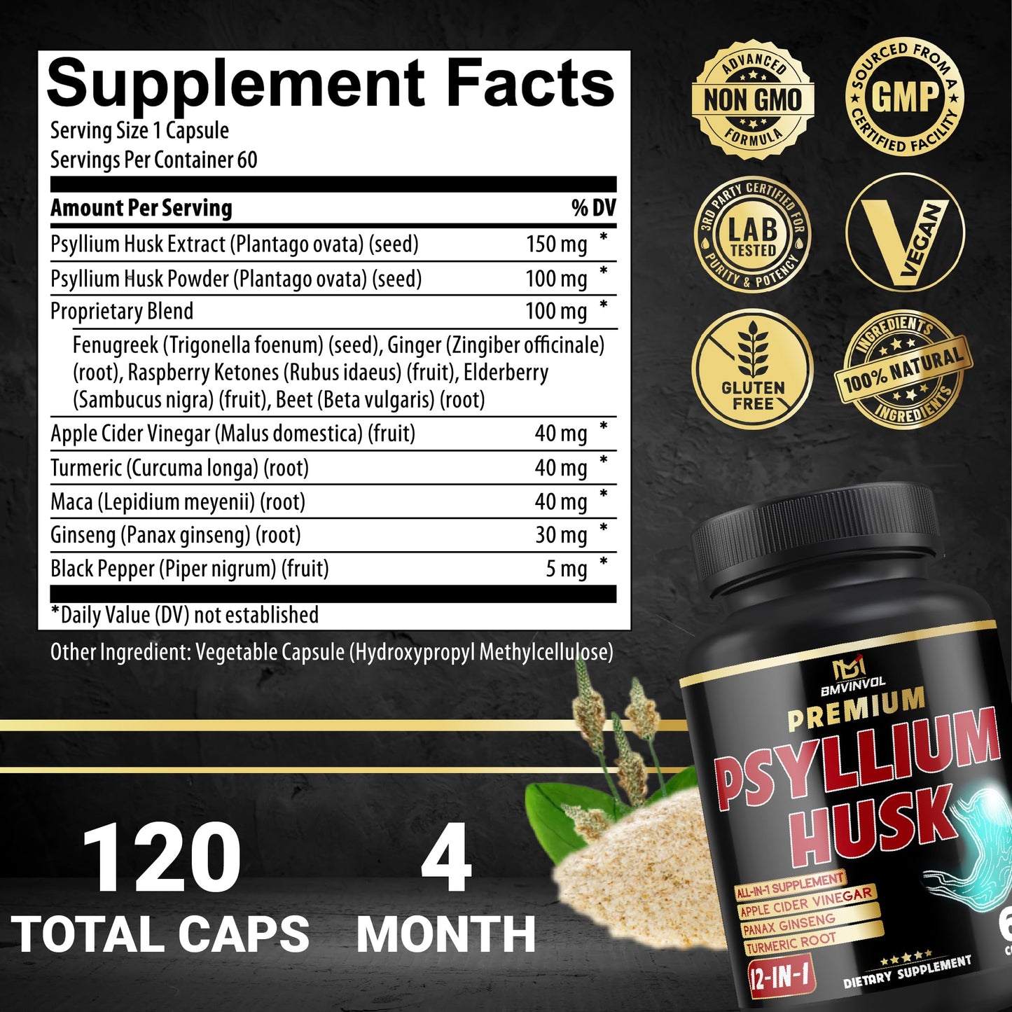 BMVINVOL Premium Psyllium Husk Capsules 120 Capsules
