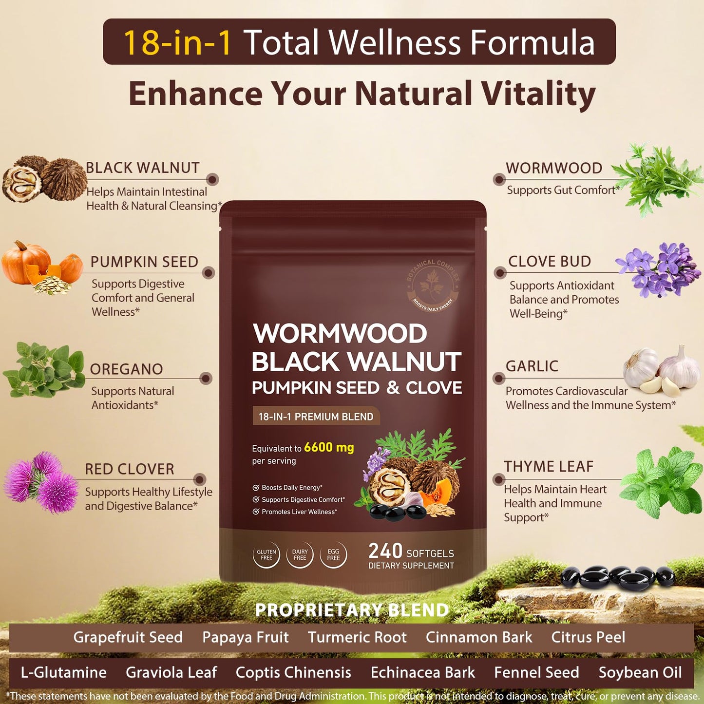 DLOMFVFQ Wormwood Black Walnut Clove Cleanse Herbal Complex for Intestinal & Digestive Balance with Pumpkin Seed Turmeric Garlic Oregano Berberine Softgel 240