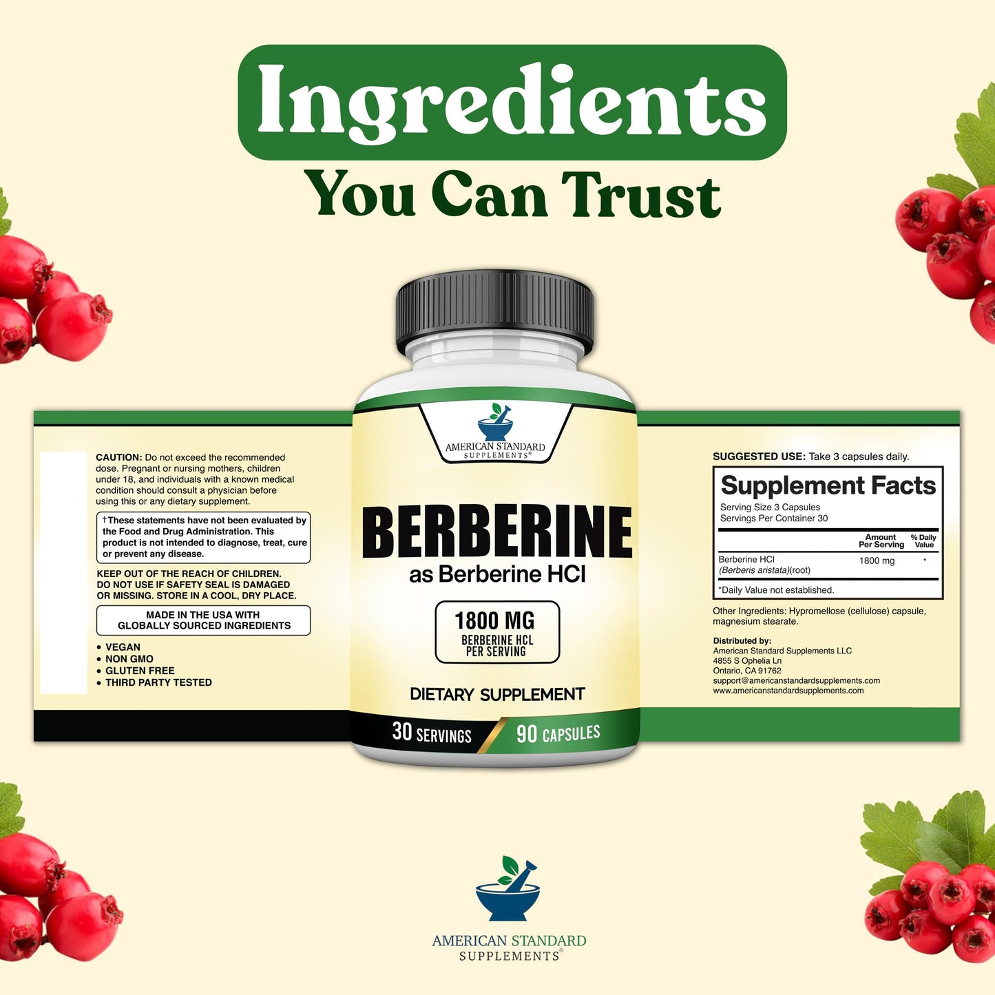 American Standard Supplements Berberine Capsules 1800mg, 90 Count