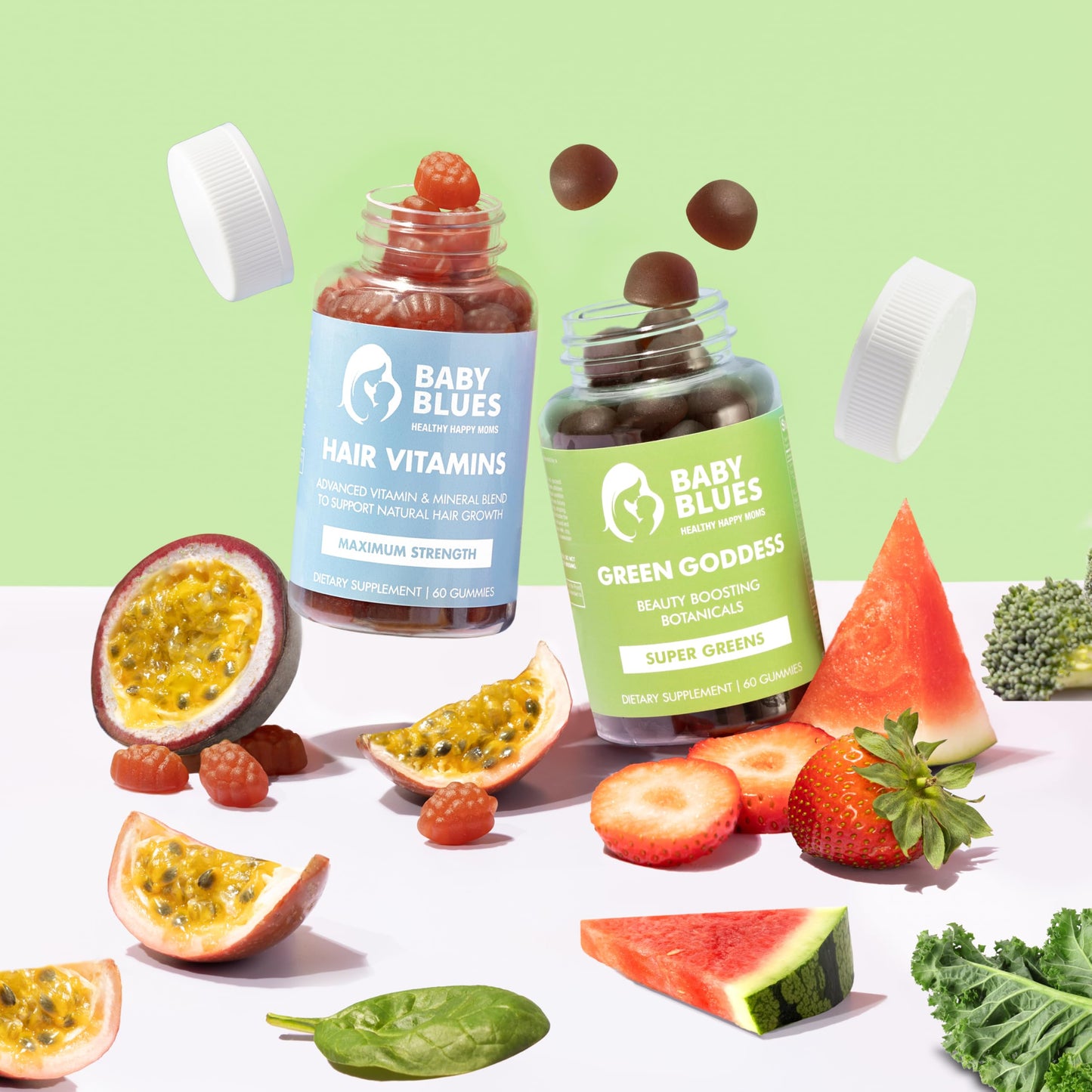 Baby Blues Grow and Glow Beauty Bundle for Moms Postpartum Hair Vitamins with Biotin Collagen and Folate Plus Green Goddess Superfood Gummies for Hair and Skin, 120 Gummies