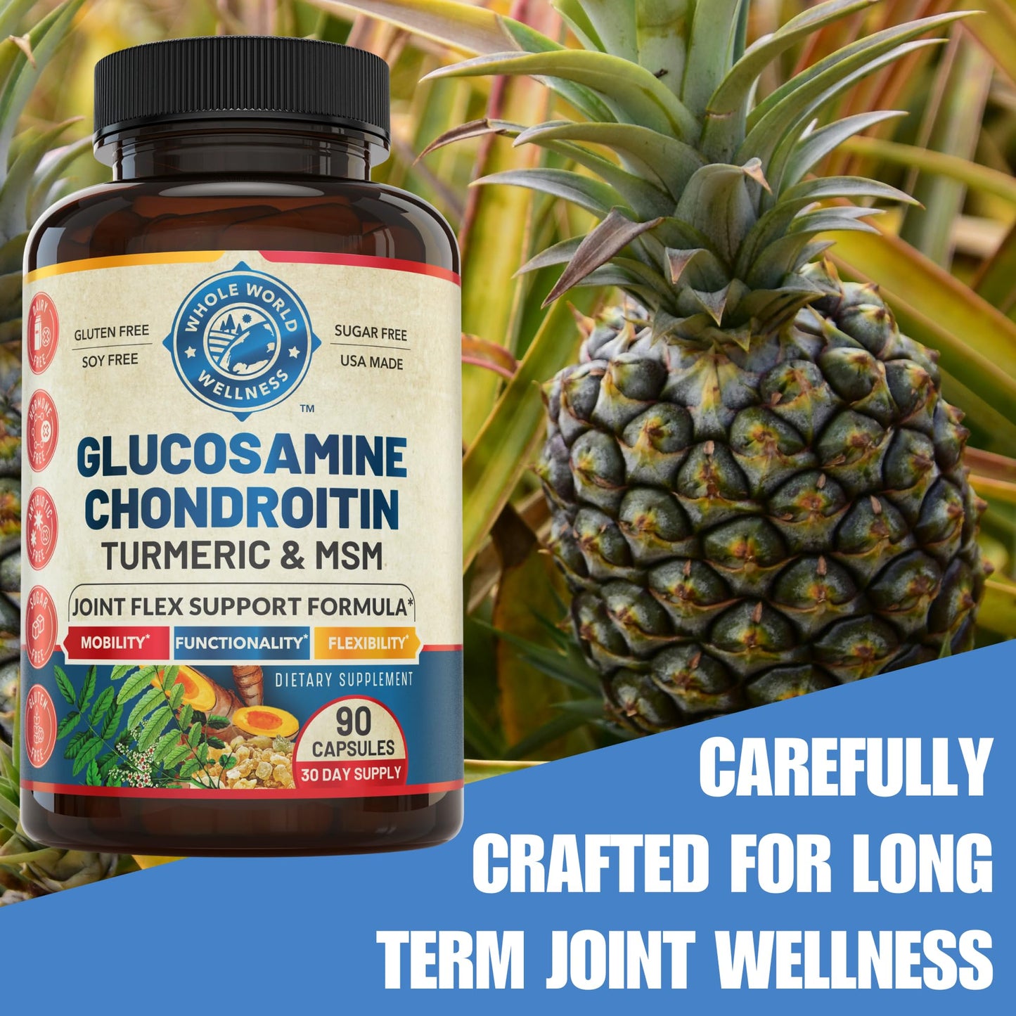 WHOLE WORLD WELLNESS Joint Support Supplement with Glucosamine Chondroitin MSM Turmeric Boswelia Capsules, 90 Count