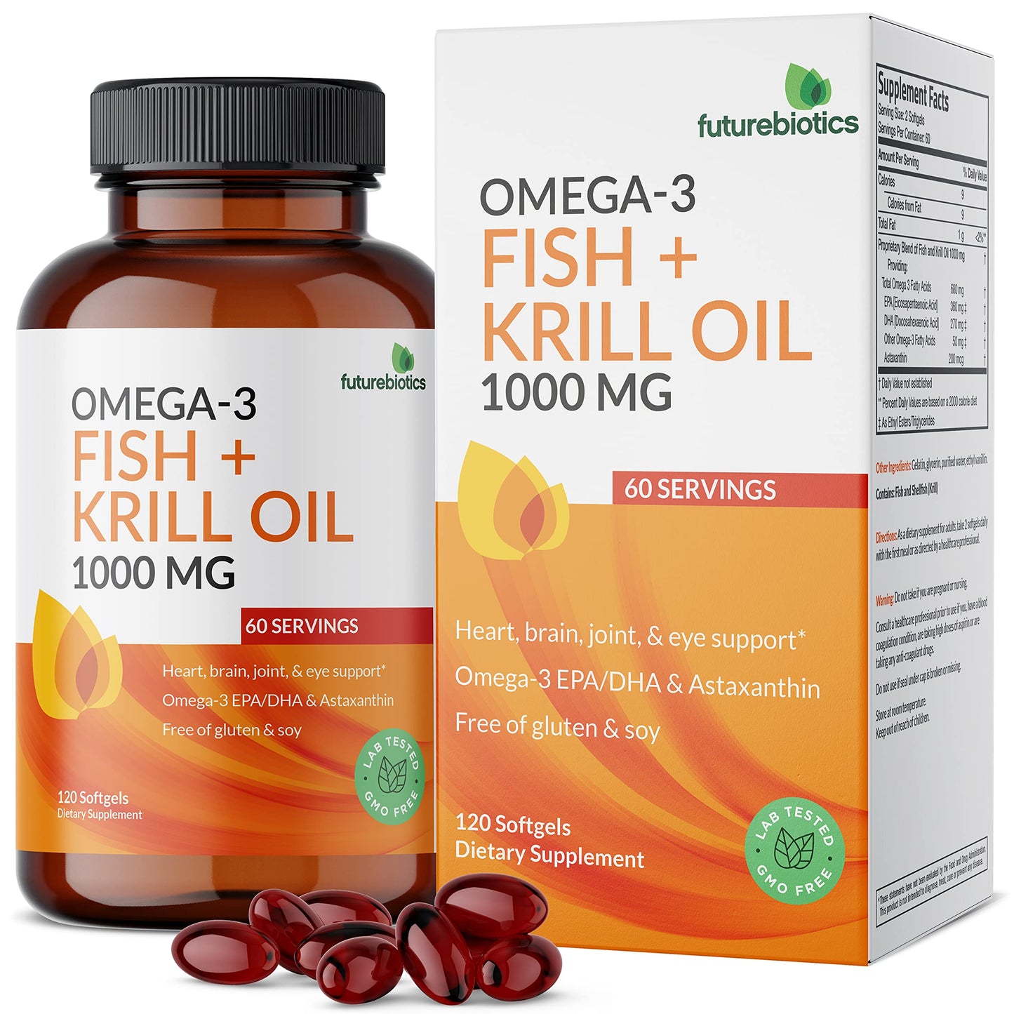 Futurebiotics Omega-3 Fish + Krill Oil 1000 mg Omega-3 EPA/DHA & Astaxanthin Softgels, 120-count