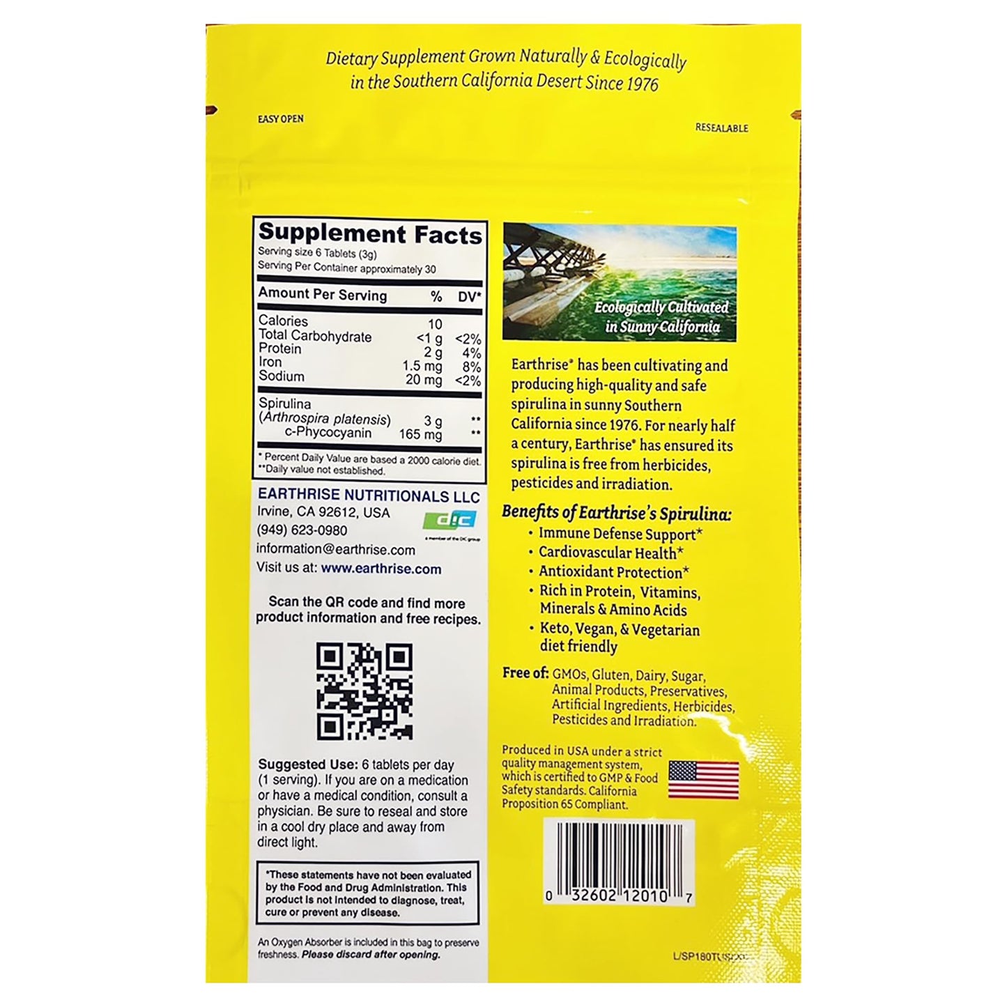 Earthrise California Spirulina 500mg Tablets, 180 Count