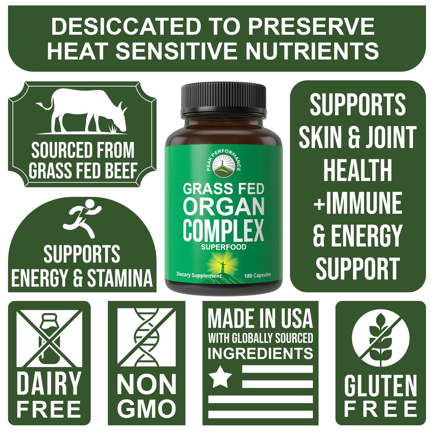 Peak Performance Grass Fed Beef Organ Complex from New Zealand Capsules, 180 Count