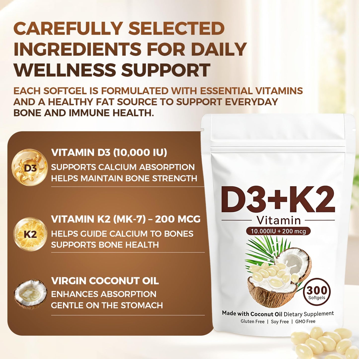 Wuliao Vitamin D3 K2 10,000 IU – 2-in-1 D&K Complex with Vitamin K2 (MK-7) Softgels, 300