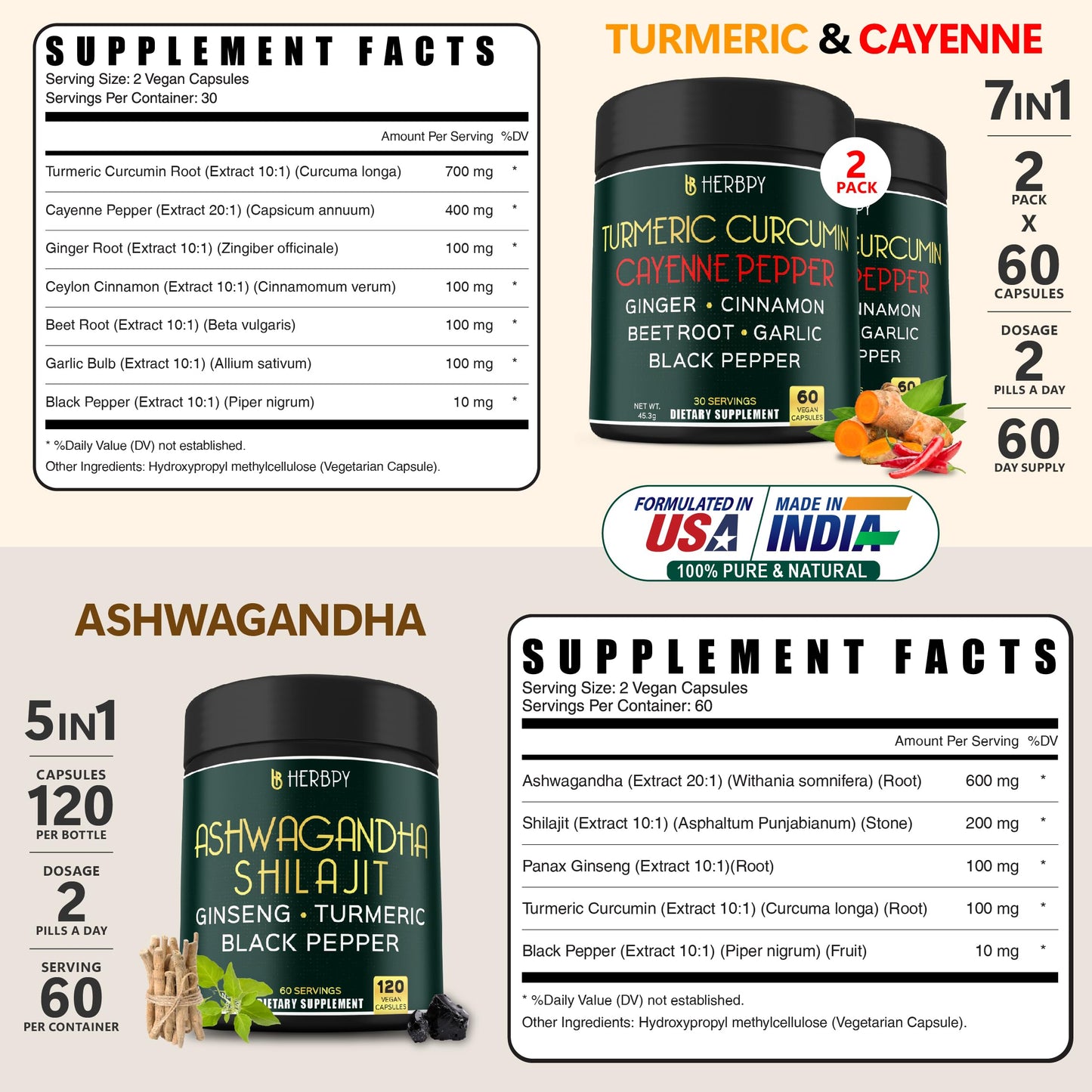 Herbpy Bundle 7in1 Turmeric Supplement & 5in1 Ashwagandha Capsules, 240 Capsules