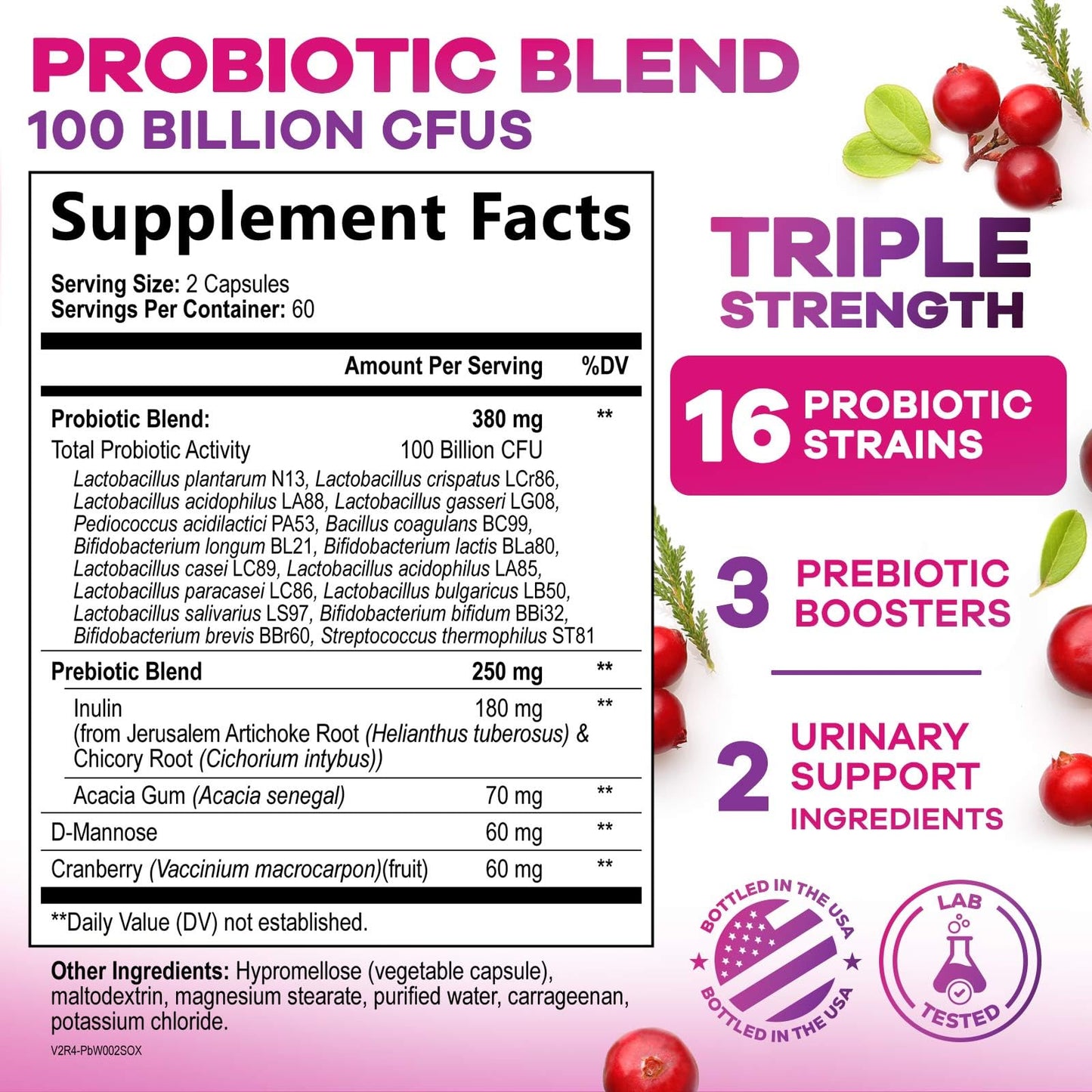 Nature's Nutrition Probiotics for Women 100 Billion CFU Per Serving - 16 Unique Strains, Prebiotics Cranberry & Lactobacillus, pH Balance, Digestive & Gut Health, Vaginal & Immune Support Women's Probiotic Capsules, 120 Count