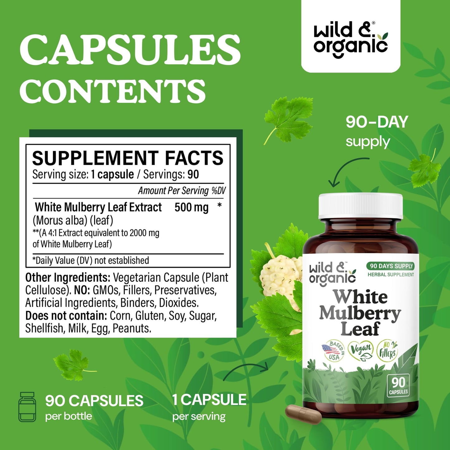 Wild & Organic White Mulberry Leaf Extract Capsules, 90 Count