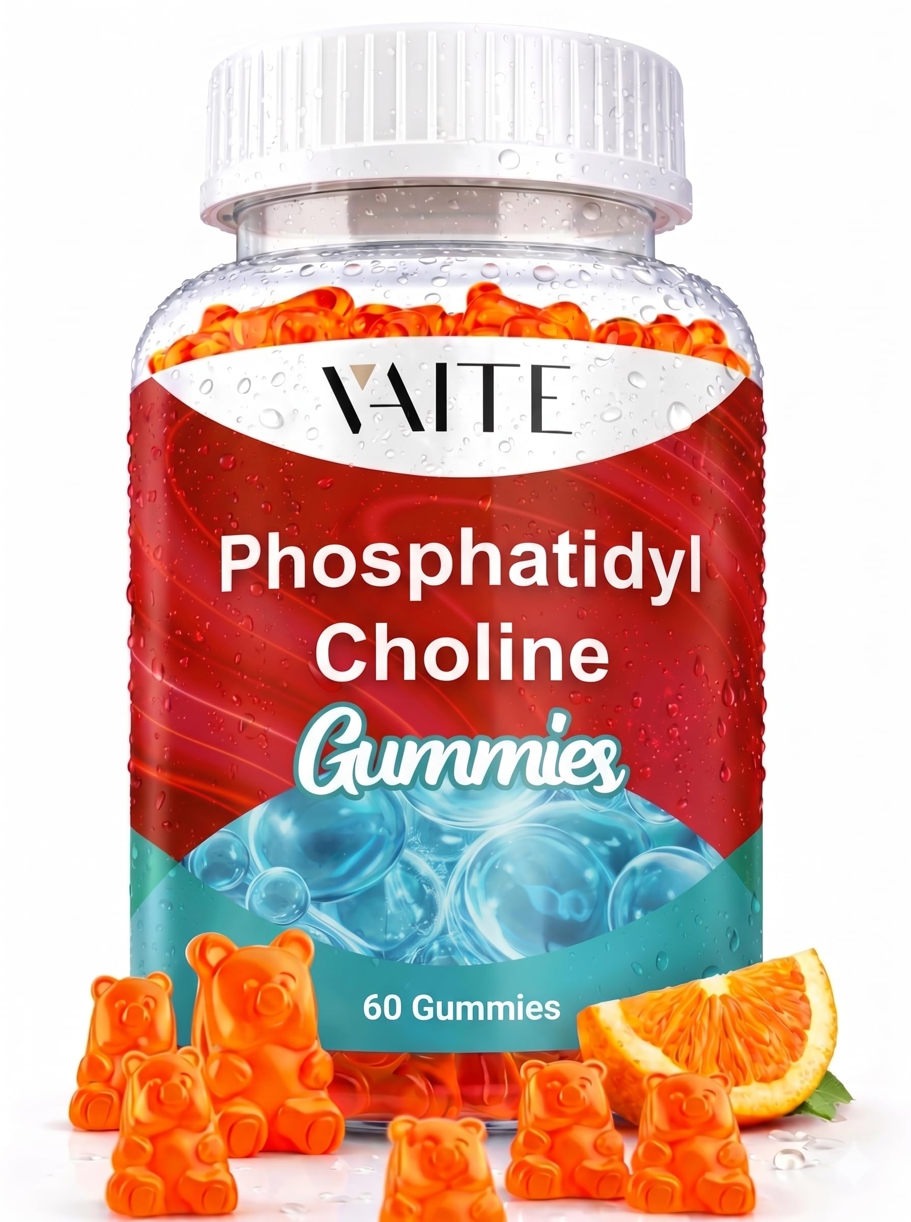 VAITE Phosphatidylcholine Gummies 600 mg Sunflower Lecithin 5-in-1 Choline Complex with Alpha GPC 150 mg, Phosphatidylserine 100 mg, Inositol 100 mg & Choline Bitartrate 50 mg for Daily Focus, 60 Gummies