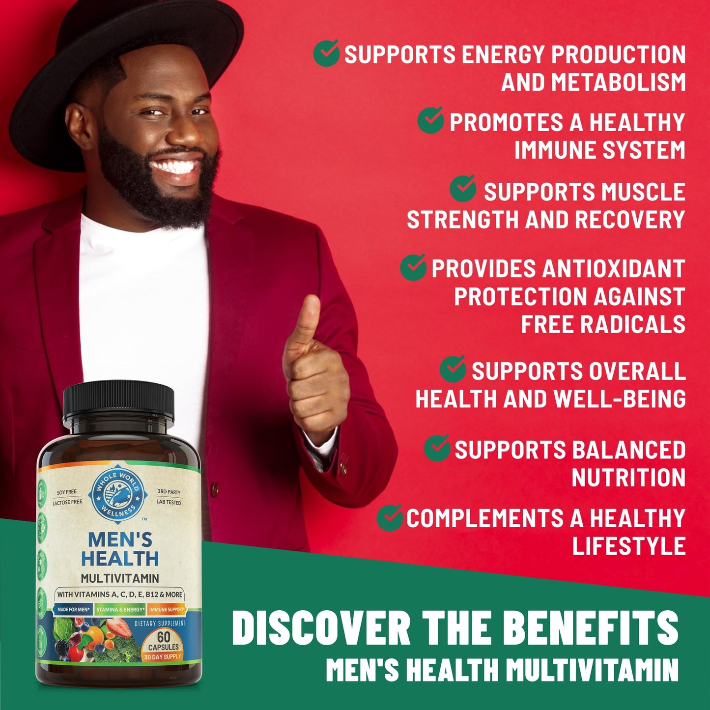 Whole World Wellness Mens Daily Multivitamin Multimineral Supplement for Energy, Focus, Stamina & Performance, Capsule, 60 Count