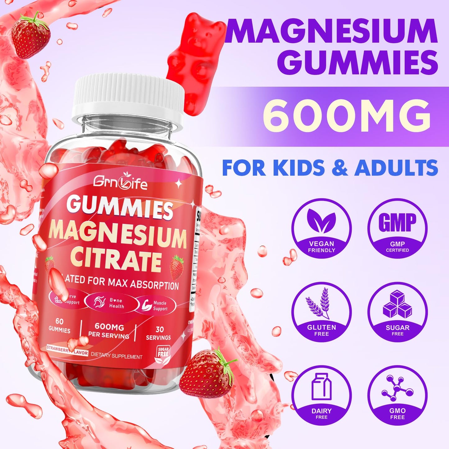 GrnLife Magnesium Citrate Gummies 600mg, High Absorption Magnesium Supplement, Vegan, Strawberry Flavor, 60 Count