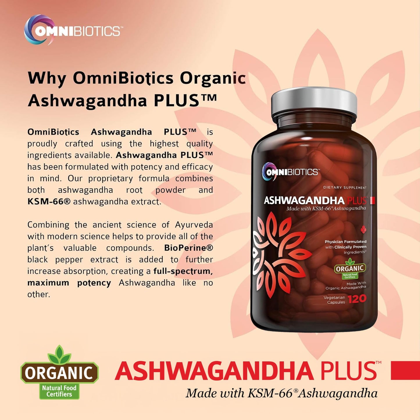 OmniBiotics Organic Ashwagandha Supplement Capsule, 120 Count