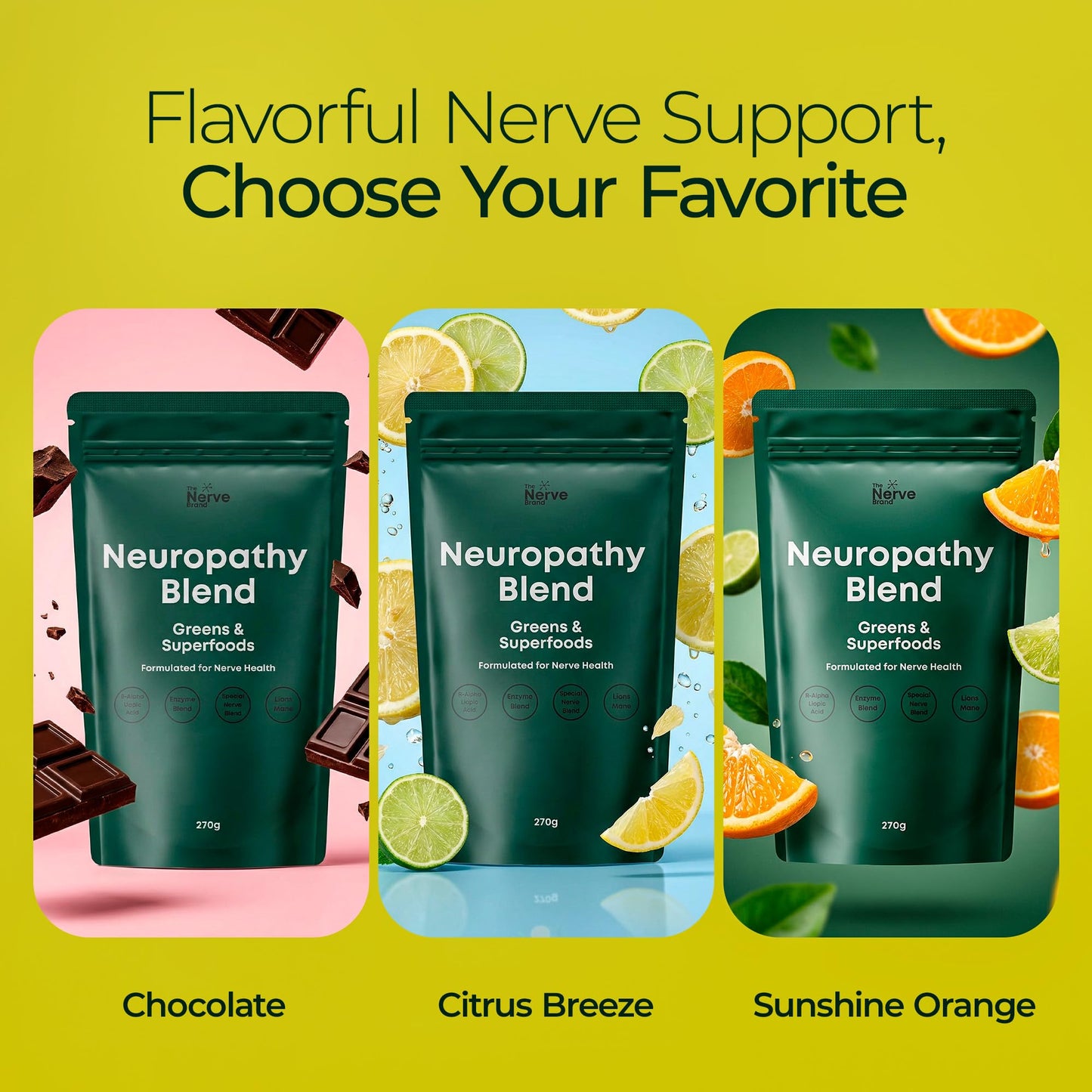 The Nerve Brand Neuropathy Superfood Blend Greens Powder with R Alpha Lipoic Acid & Lions Mane for Nerve Support, Citrus Breeze, 9.5 oz