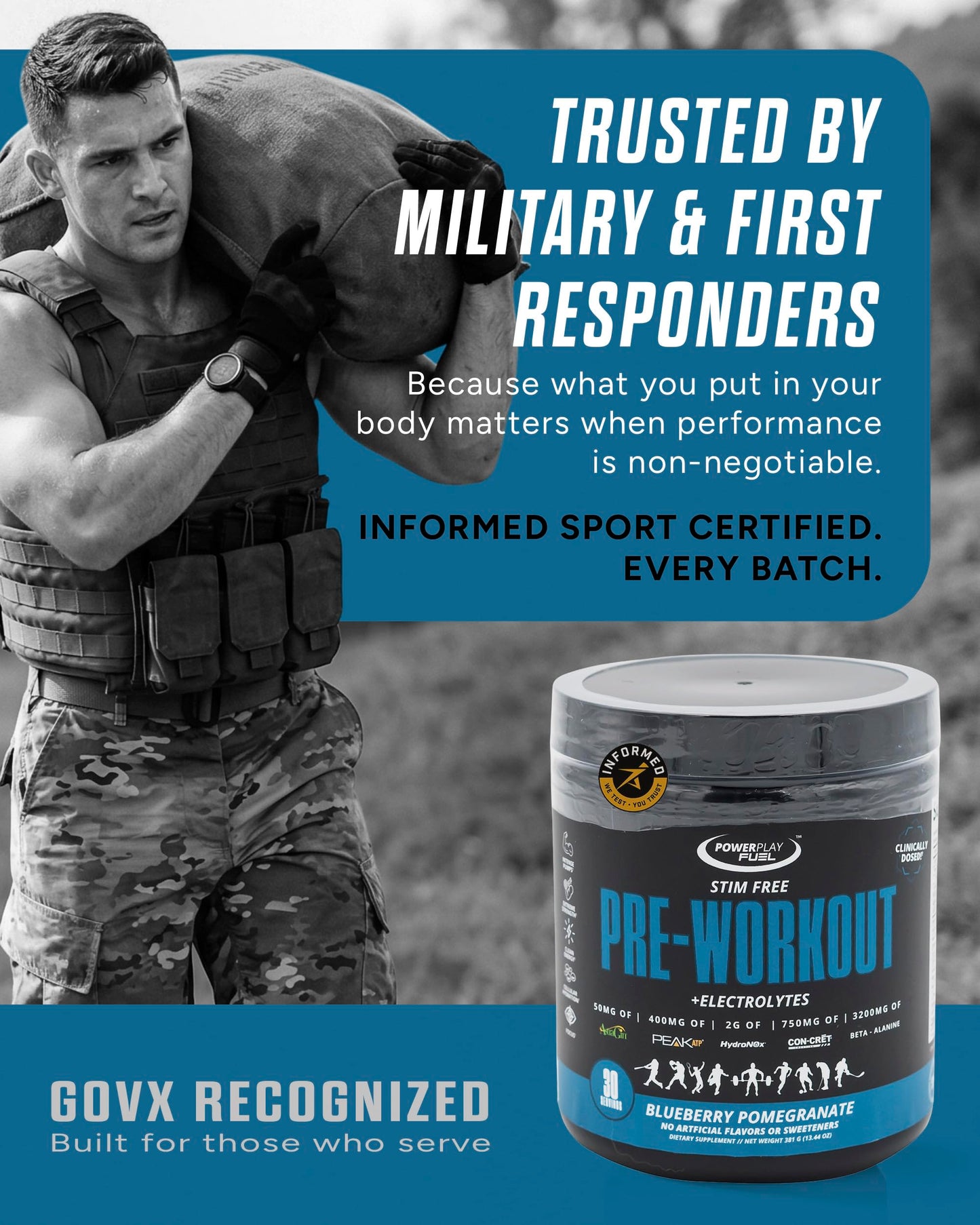 POWER PLAY FUEL Stim Free Pre Workout Powder, Blueberry Pomegranate, 13.44 oz