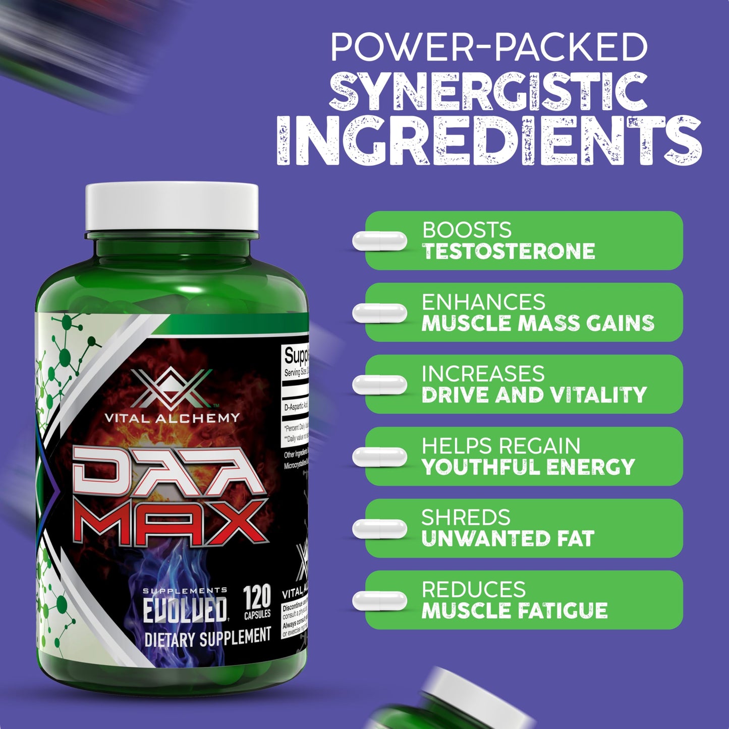 Vital Alchemy Supplements DAA MAX Testosterone Booster with D-Aspartic Acid 1500mg Capsules 120 Count