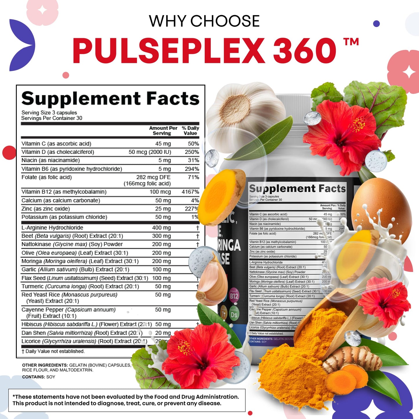 Clean Nutraceuticals Beet Root Capsule Blend with Olive Leaf Nattokinase Garlic Extract L-Arginine Omega-3 Red Yeast Rice Hibiscus Danshen - Healthy Support Supplement - 90 Capsules