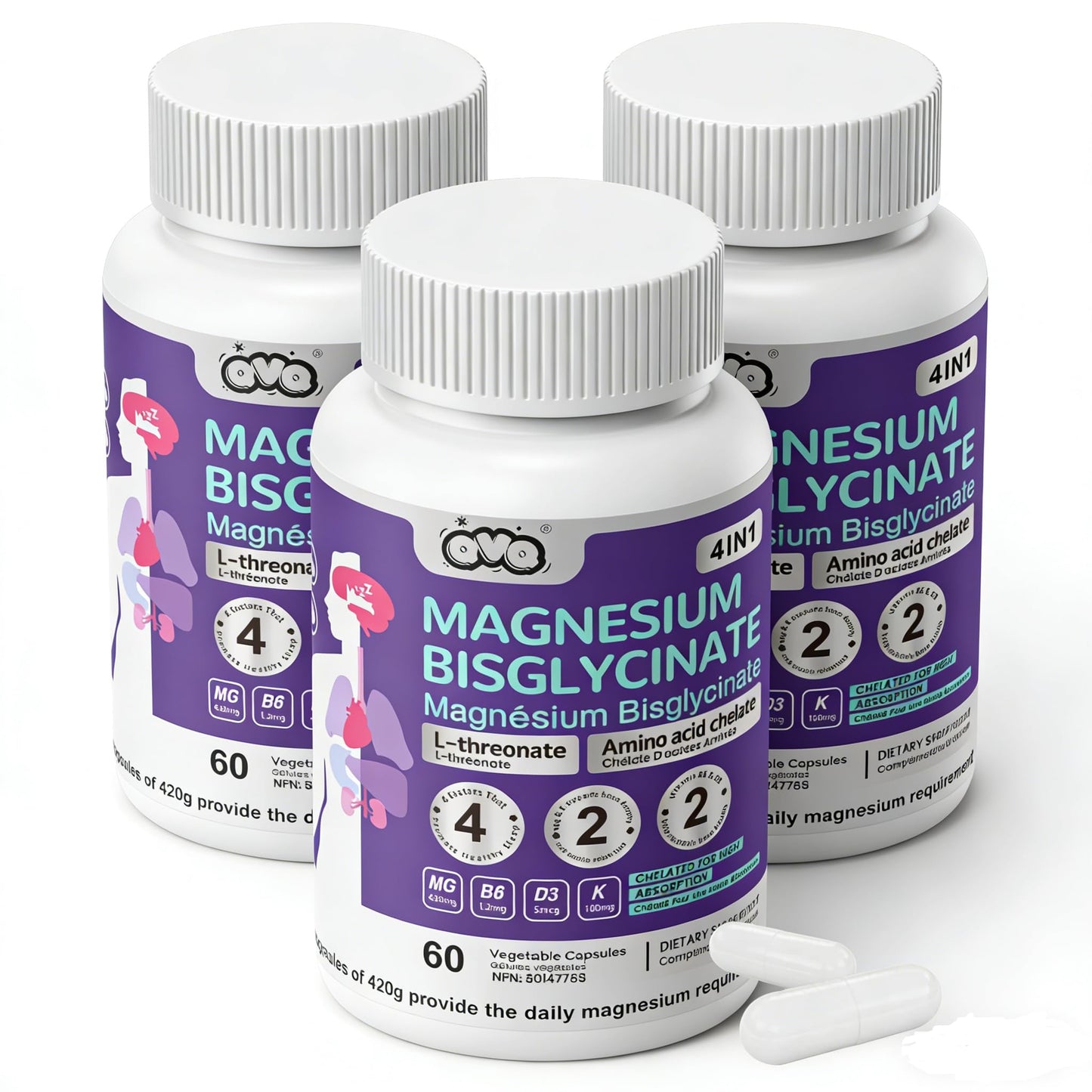 QVQ Magnesium Bisglycinate Threonate Amino Acid Chelated Supplement with Vitamin and Potassium High Absorption Formula for Muscle Relaxation Bone & Joint Support Magnesium Complex Capsules, 180 Count