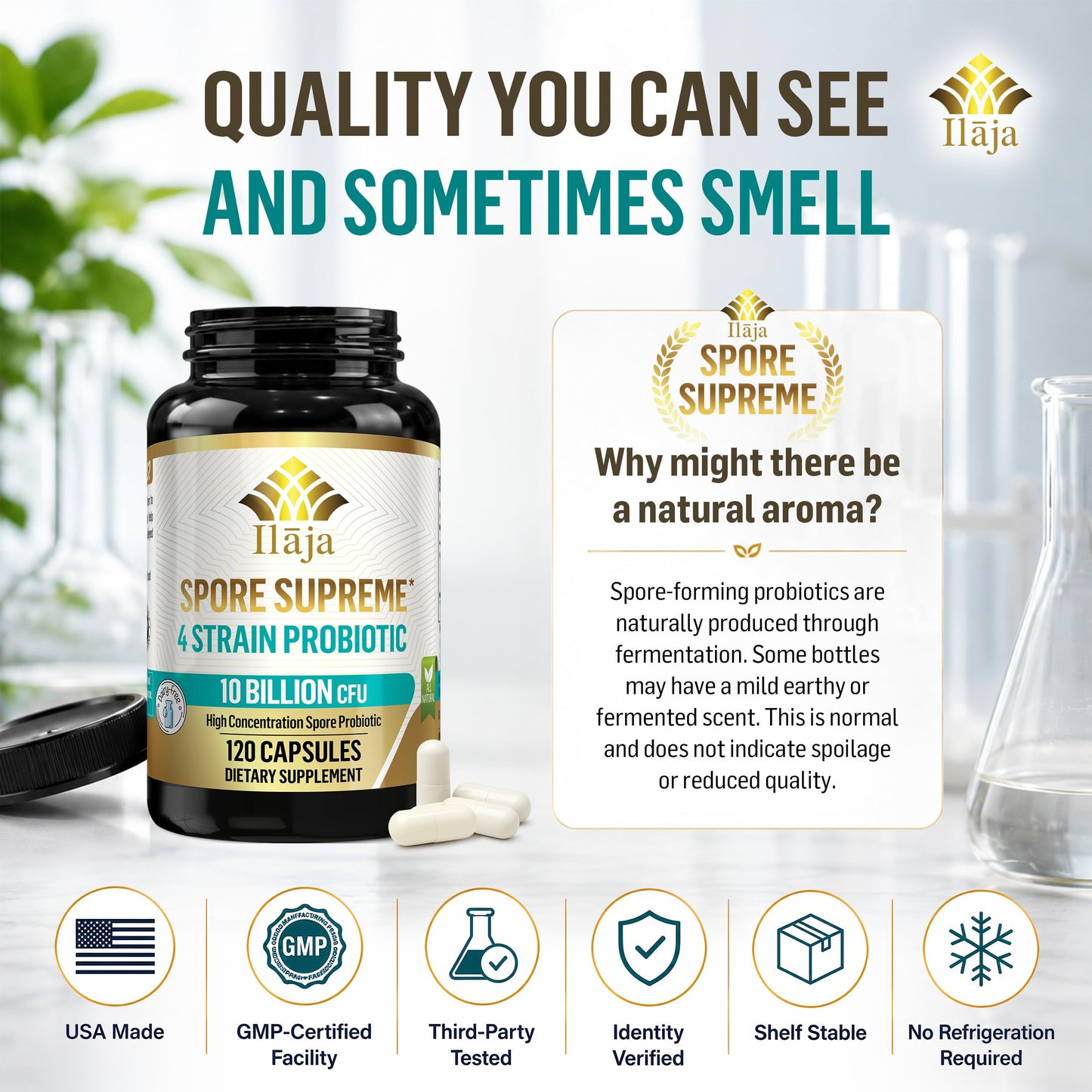 ILAJA Spore Supreme Spore Based Probiotic 120 Capsules, 10 Billion CFU, 4 Strain Formula, No Refrigeration Needed, Dairy Free