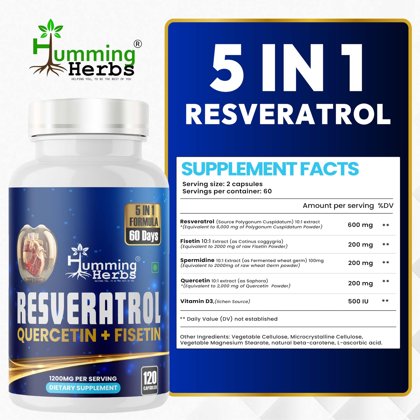 Humming Herbs Resveratrol Supplement with Quercetin, Fisetin, Spermidine & Vitamin D3 120 Capsules