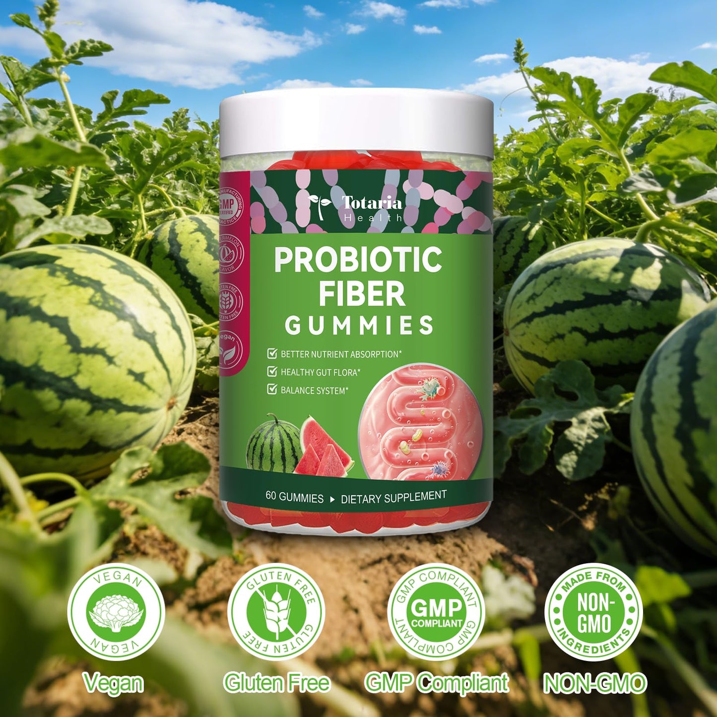Totaria 9-in-1 Probiotic Prebiotic Fiber Gummies for Adults & Teens, Sugar-Free with Psyllium Husk, FOS, Inulin, ACV & 5 Billion CFU Bacillus Coagulans, 60 Gummies