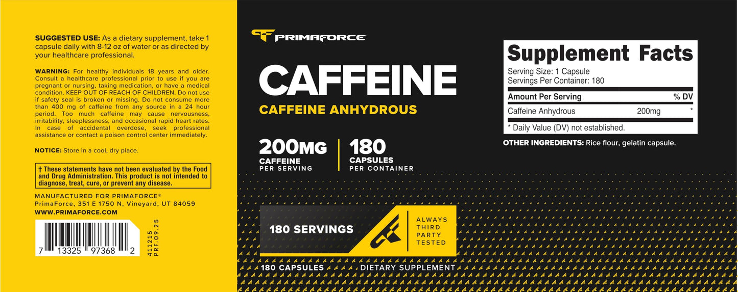 Primaforce Caffeine Pills 200mg Capsule 180 Count