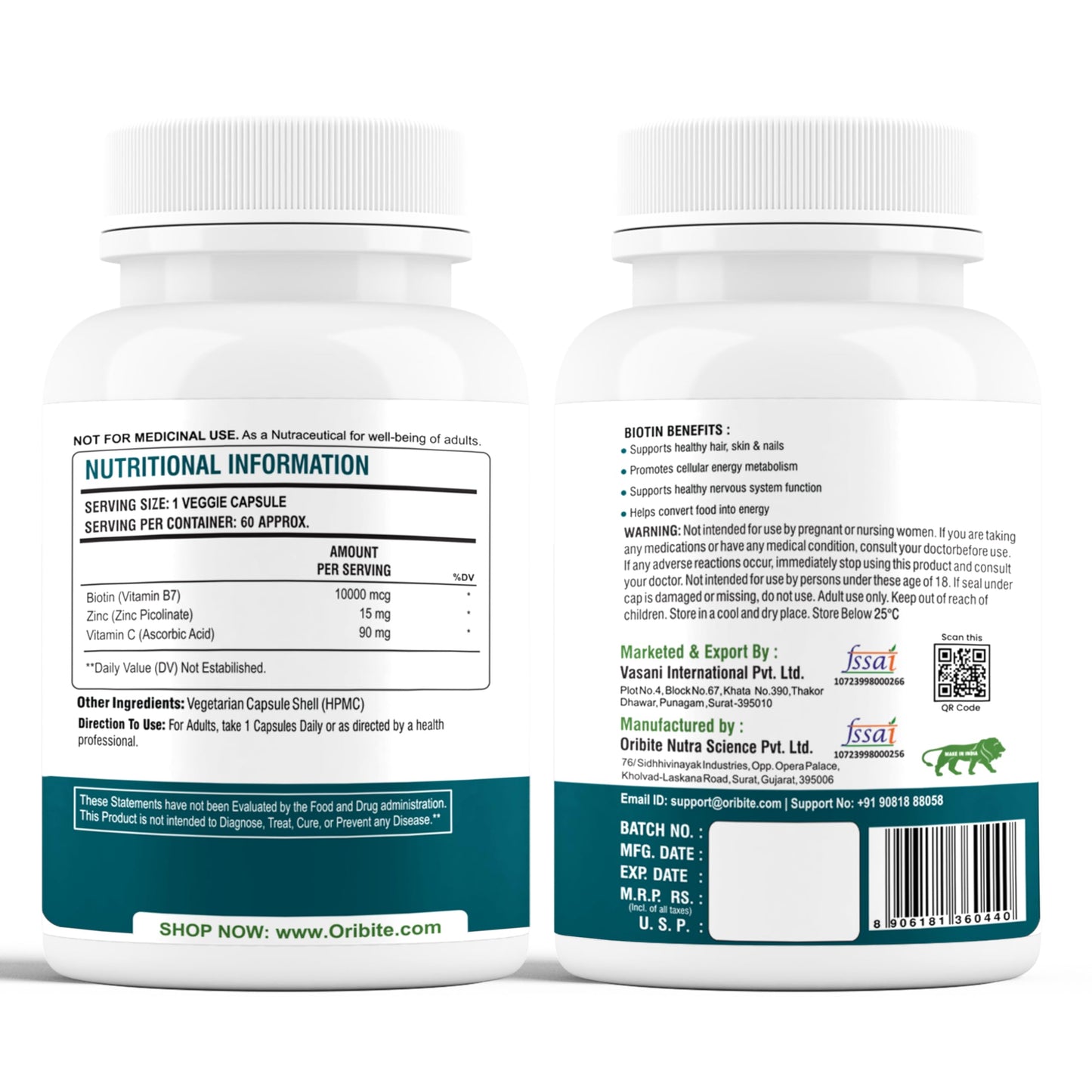 ORIBITE Biotin 10,000 mcg with Zinc & Vitamin C – Hair, Skin & Nail Support – Vegetarian, Non-GMO & Gluten-Free Supplement – 60 Capsules