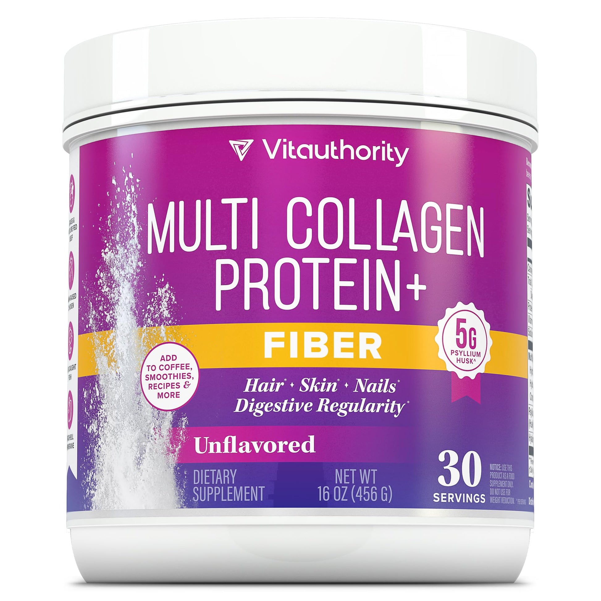 Vitauthority Multi Collagen Protein Powder + Fiber Supplement Collagen Types I, II, III, V & X | Hair, Skin, Nail, & Digestive Support | Vitamin C & Hyaluronic Acid, Unflavored, 16 Servings