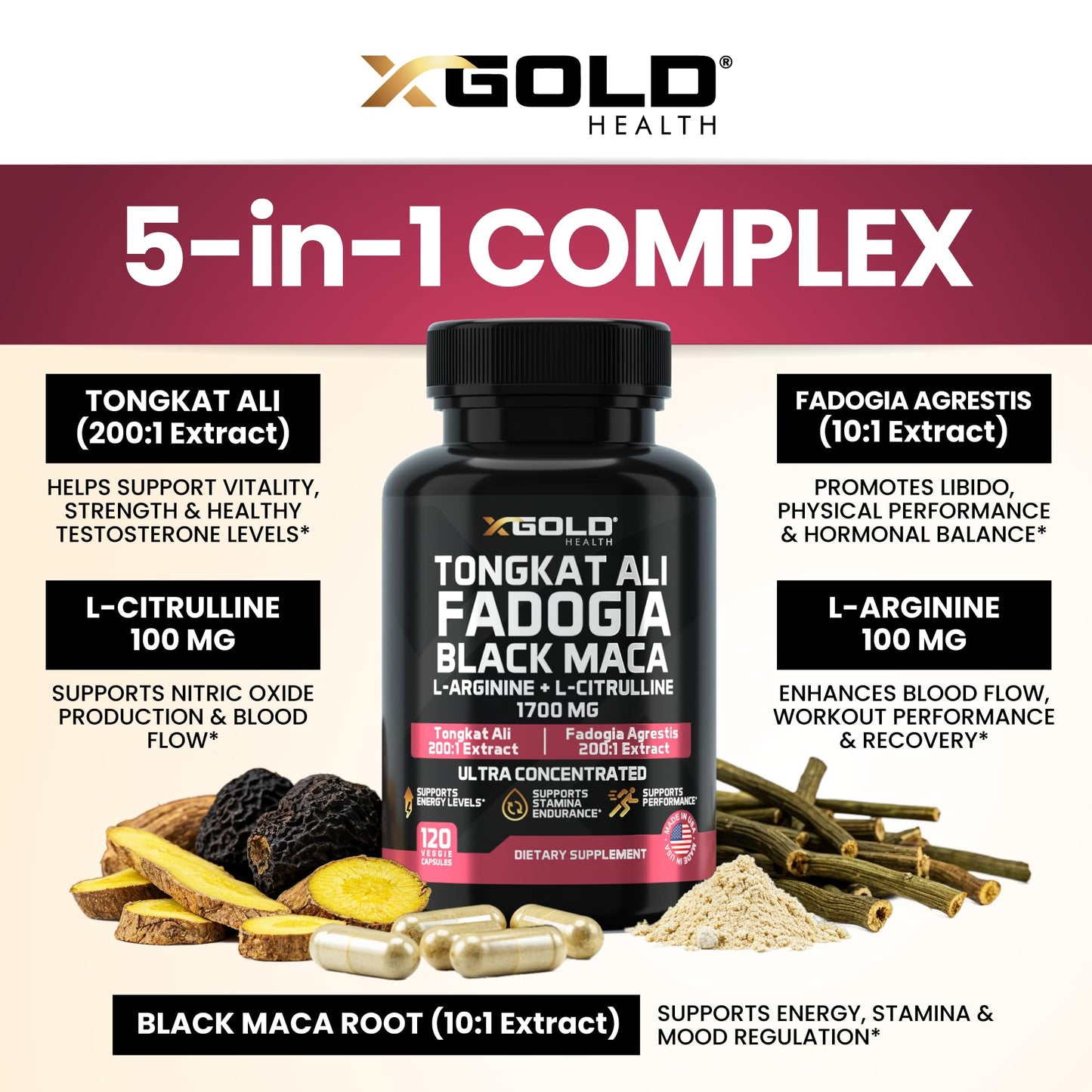 X Gold Health Tongkat Ali 200:1 + Fadogia Agrestis 10:1 for Men, 1700mg Performance Complex, Black Maca 10:1, L-Citrulline, L-Arginine, Energy, Stamina & Men's Vitality, Non-GMO, 120 Capsules