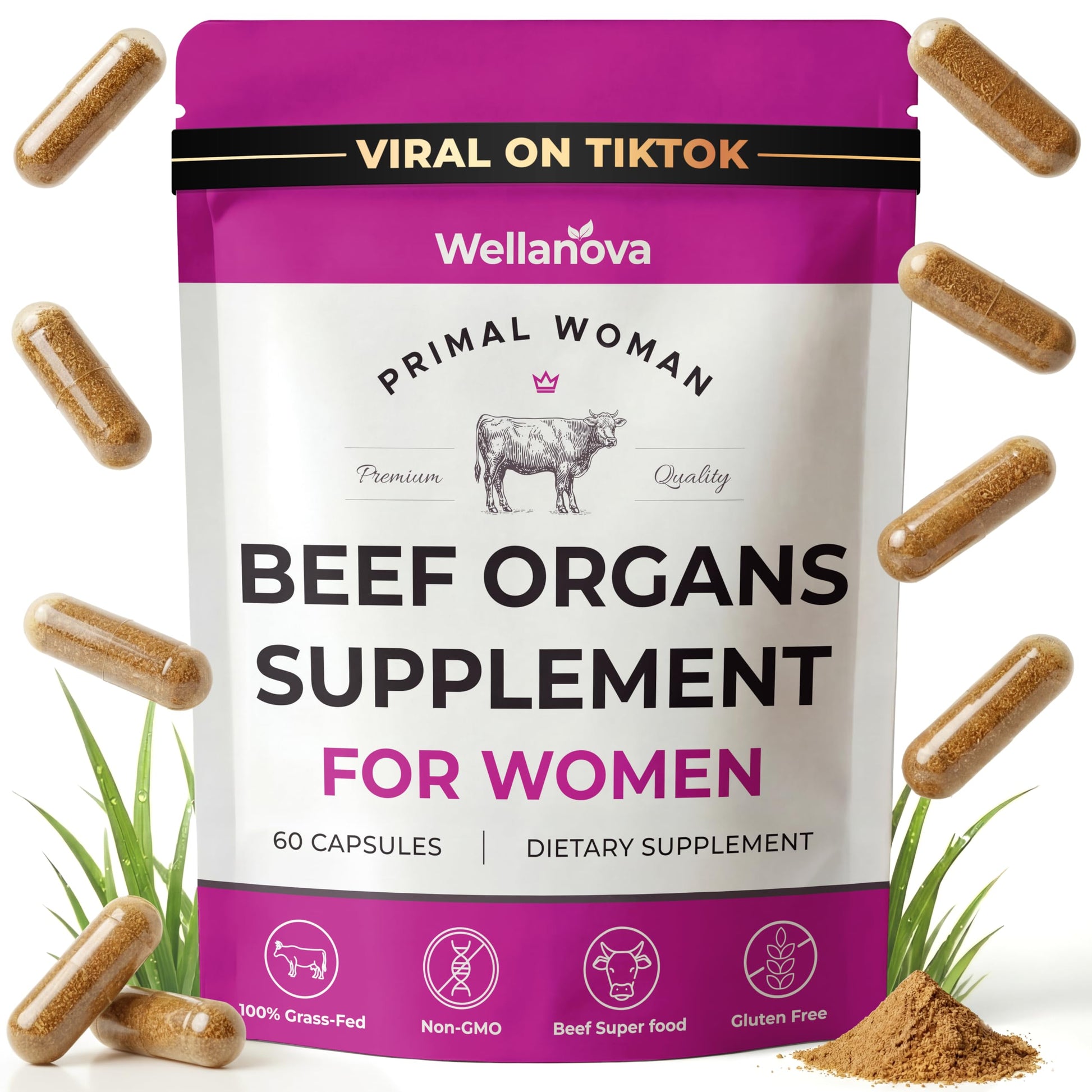 Wellanova Primal Beef Organ Supplement for Women, Grass-Fed Ancestral Superfood Capsule, 60 Capsules