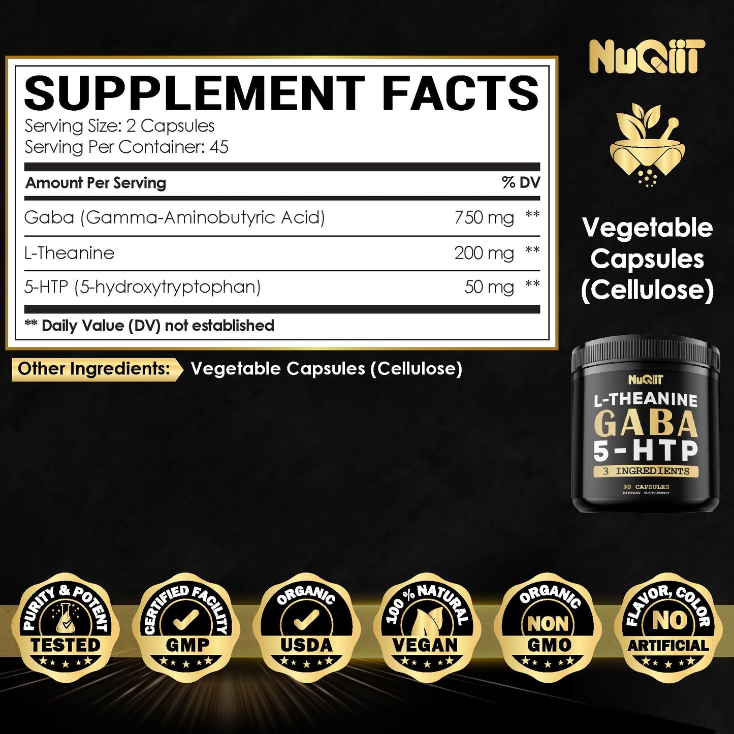 NUQIIT 3in1 GABA Supplements 750mg L-Theanine 200mg & 5-HTP (5-hydroxytryptophan) - Equivalent to 1000mg - Support Brain Health, Concentration, Comfortable Mood 90 Capsules