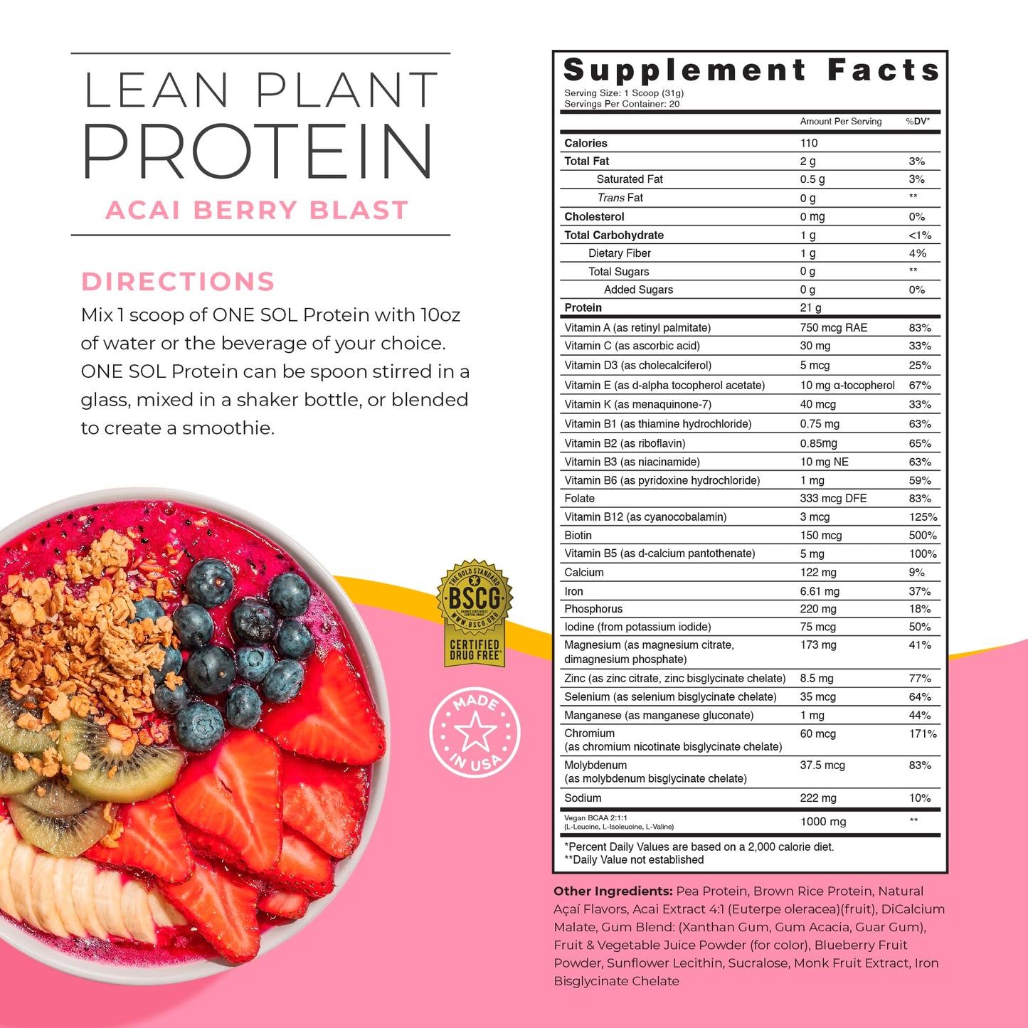 One Sol Lean Plant Protein Powder, Low Carb, Acai Berry Blast, 22.2226