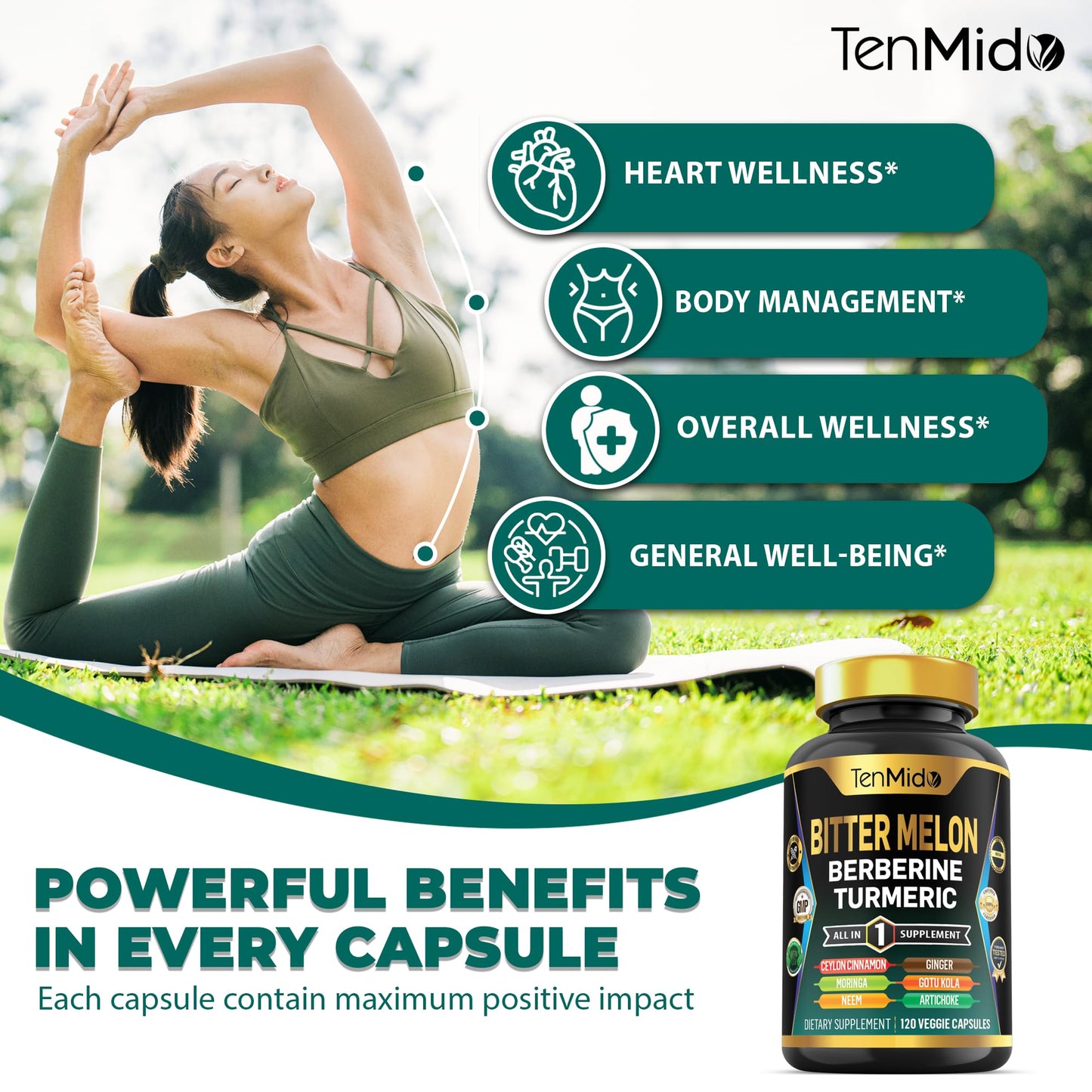Tenmido Bitter Melon Capsules - 10in1 Formula, 120 Capsules