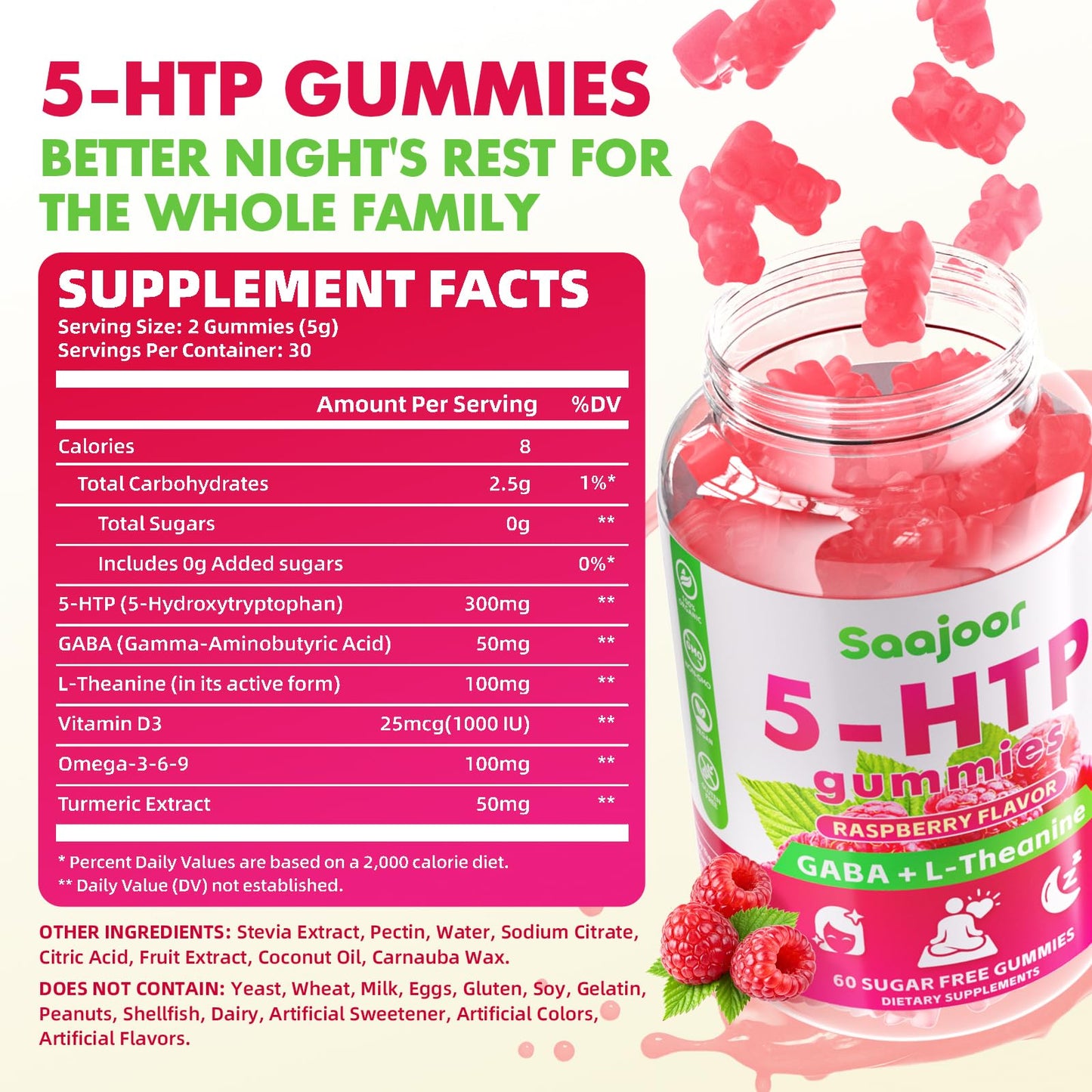Saajoor 5-HTP 300mg with GABA + L-Theanine & Vitamin D3, 60 Gummies