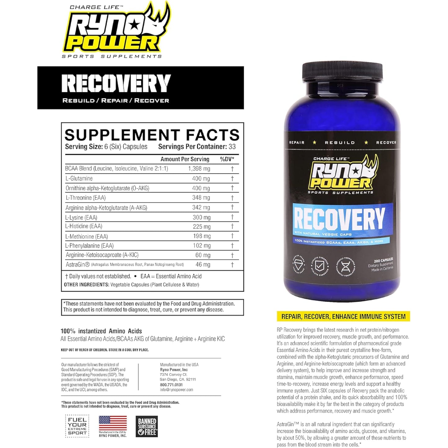 Ryno Power Recovery Post-Workout Supplement Capsules, 200 Count