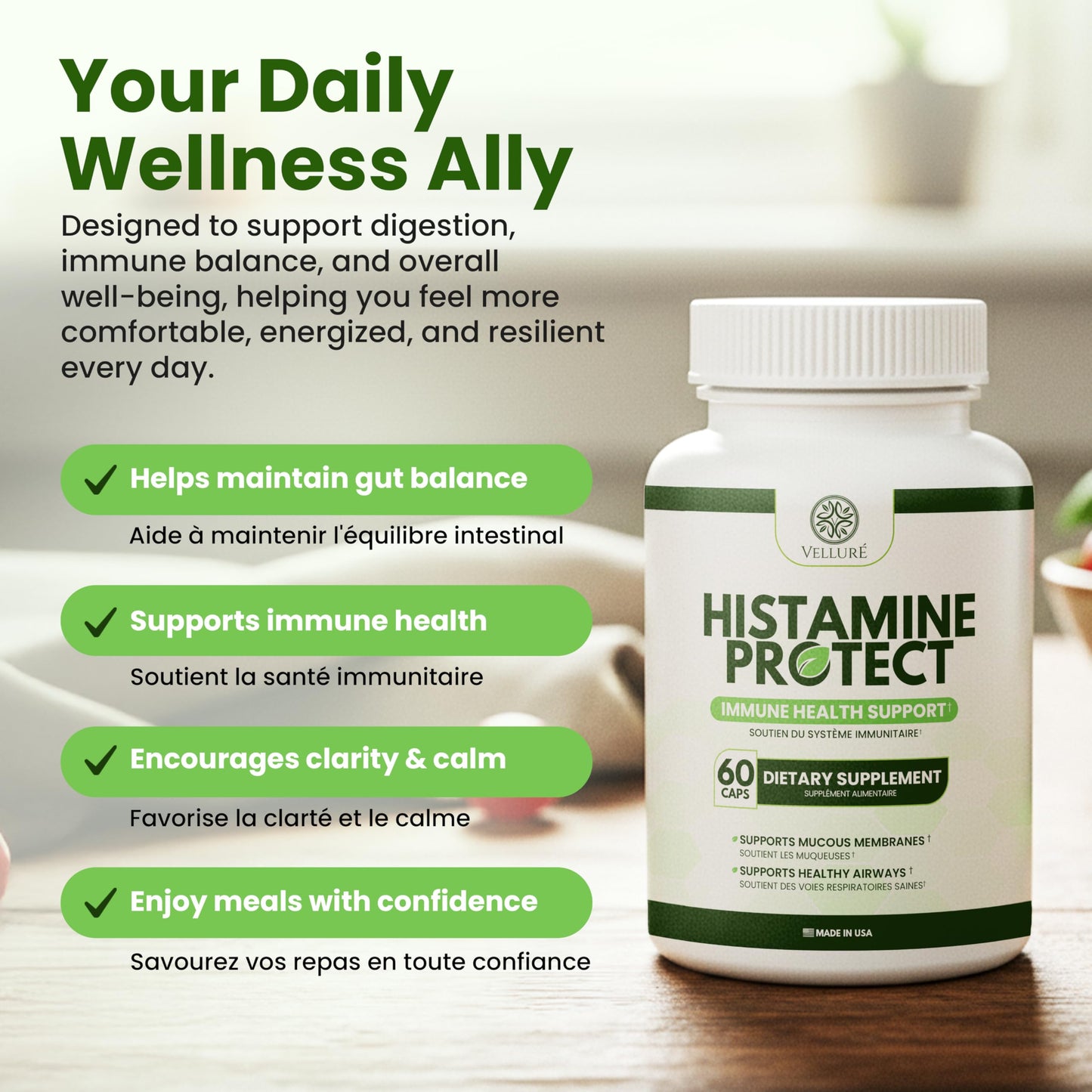Velluré DAO Enzyme Supplement Histamine Blocker, Diamine Oxidase 30,000 HDU, with Quercetin, Magnesium & Vitamin C, 60 Capsules
