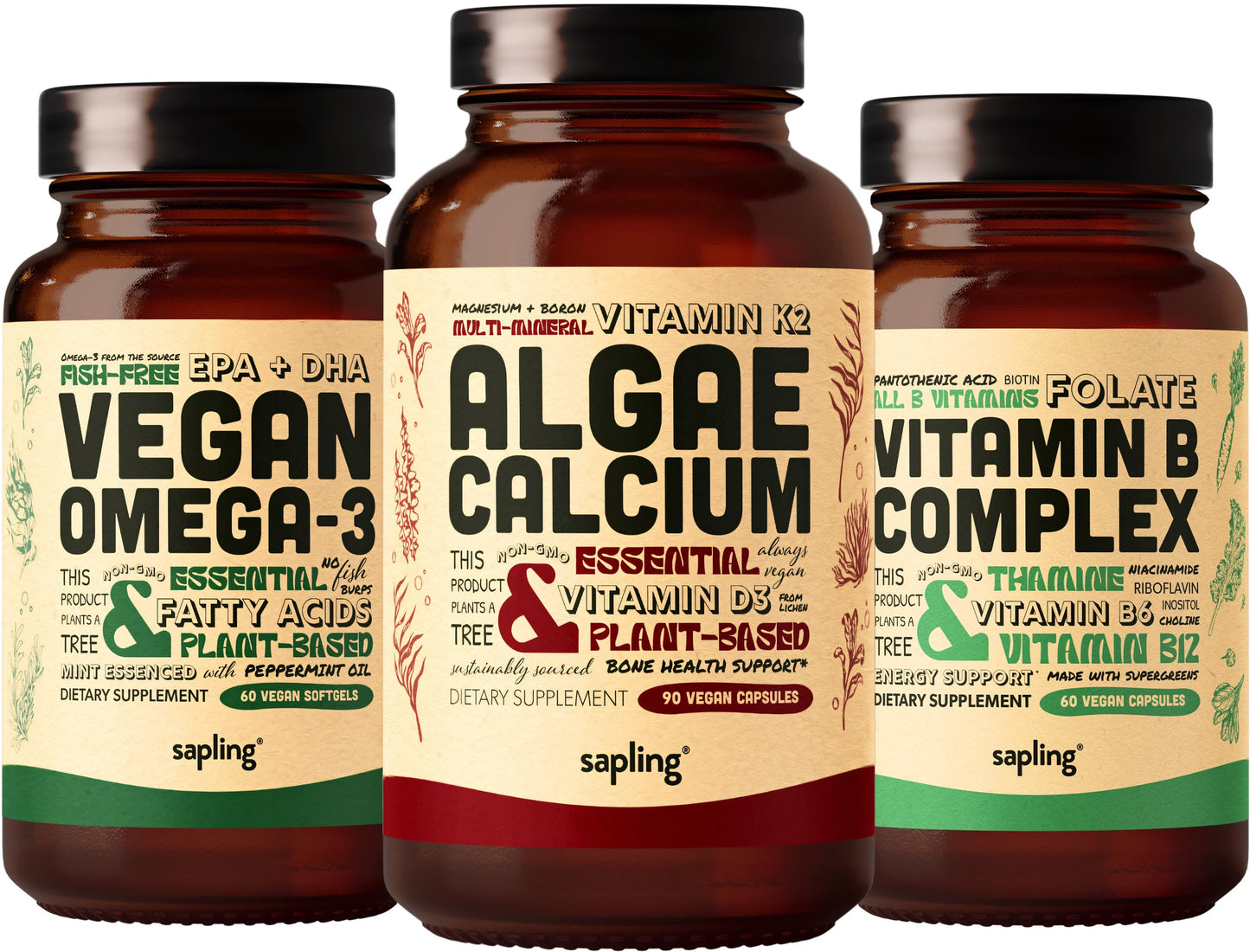 sapling Algae Calcium & Vegan Omega 3 & Vitamin B Complex Bundle Powder 2-Pack