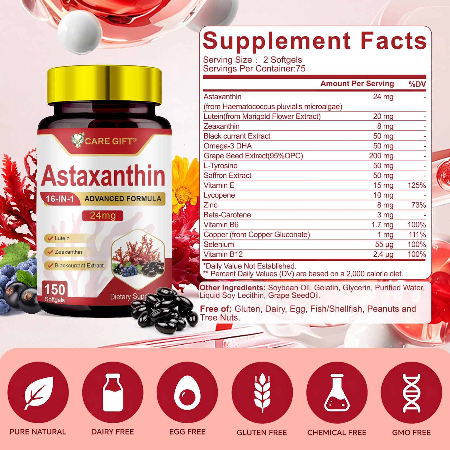 CARE GIFT Astaxanthin Supplements Softgels 24mg, 150 count