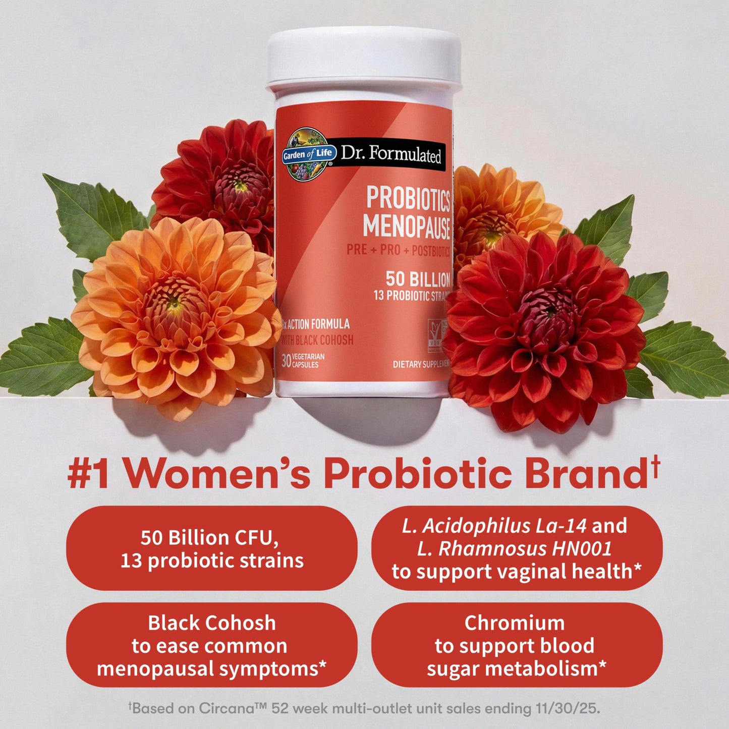 Garden of Life Dr. Formulated Menopause Probiotics with Black Cohosh, Chromium and Pre, Pro & Postbiotics – Menopause Supplements for Women, Immune Health, Non-GMO, Gluten-Free, 30 Capsules