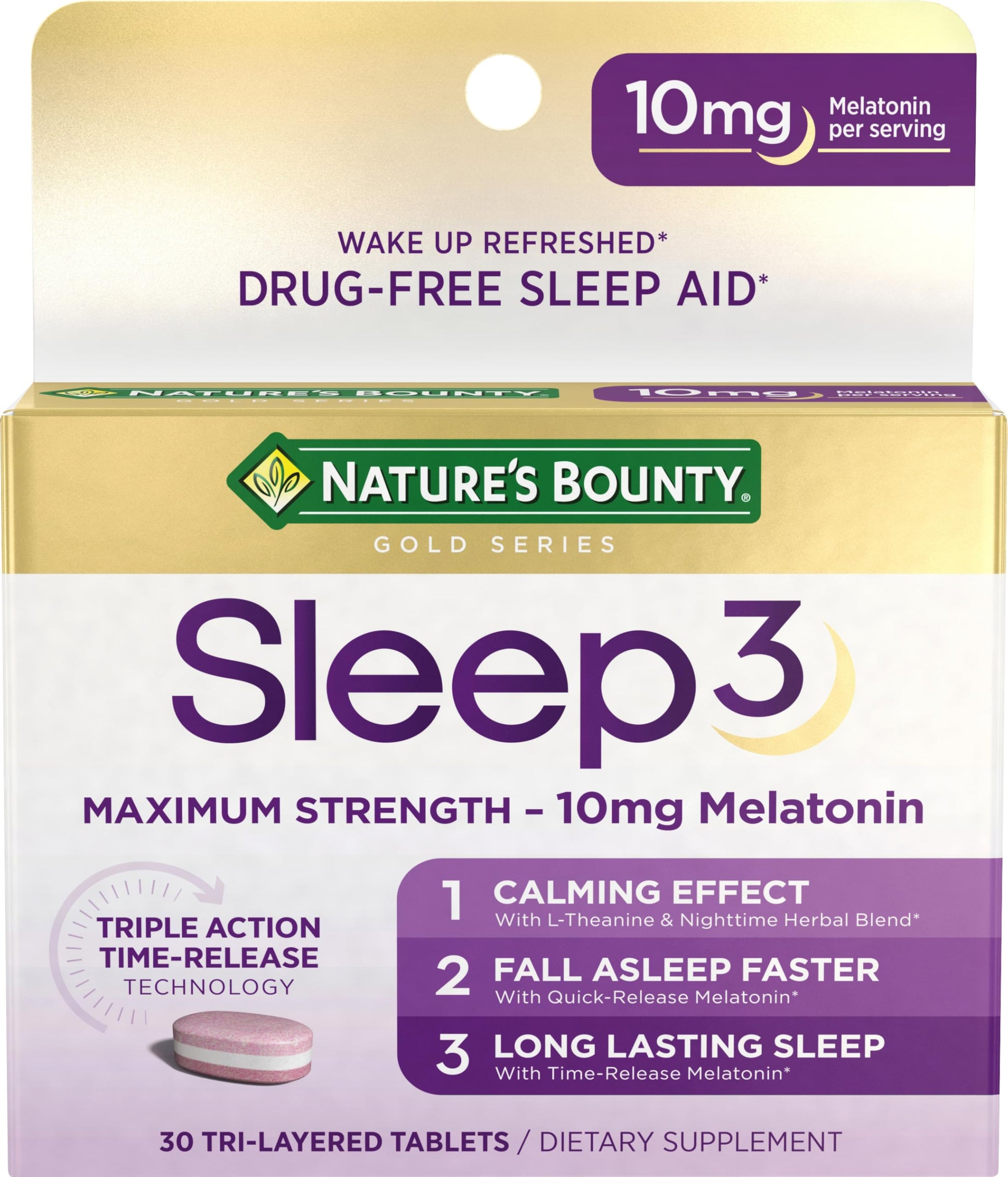 Nature's Bounty Melatonin Sleep3 Maximum Strength 100% Drug Free Sleep Aid, L-Theanine & Nighttime Herbal Blend Time Release Technology, 10mg, 30 Tablets