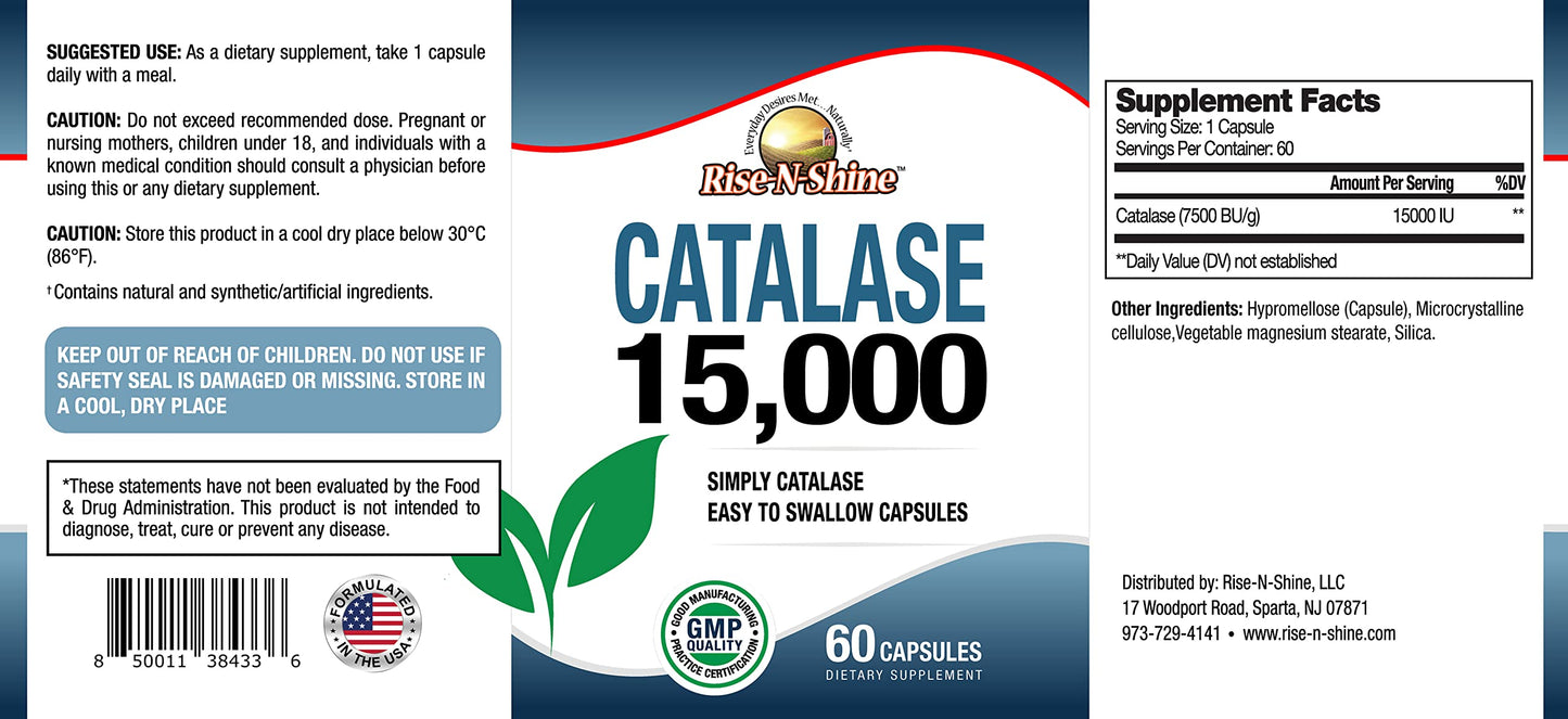 Rise-N-Shine Catalase Supplement 15,000 - Powerful Antioxidant Enzyme for Hair Health, Strong Hair Support and More, Capsules, 60 Count